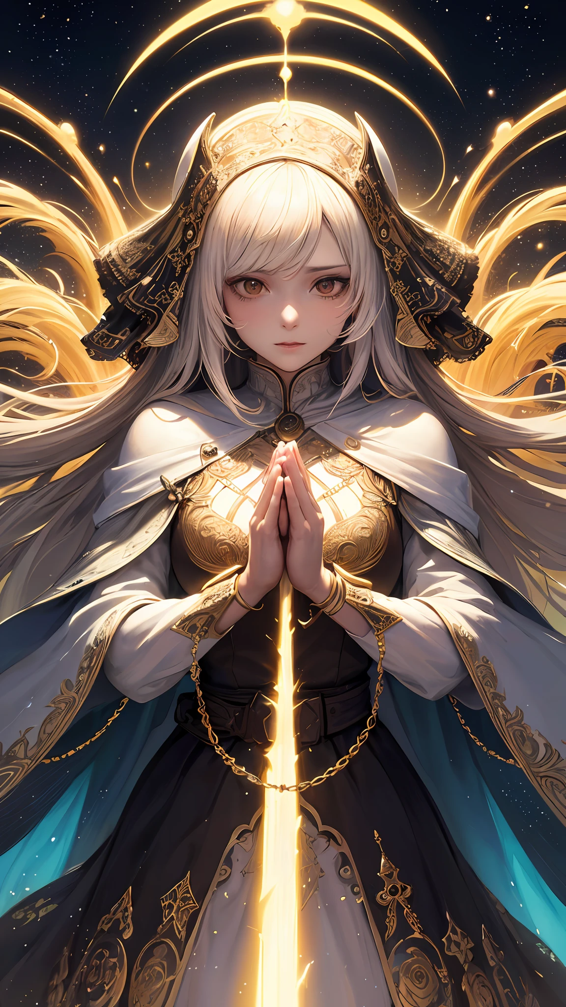 (masterpiece, top quality, best quality, official art, beautiful and aesthetic:1.2), (1girl), extreme detailed, (fractal art:1.3), colorful, highest detailed, perfect face, upper body, HDR, (praying:1.3), (white cloak golden lines:1.2), galaxy, (light streaks), striking visuals, (dynamic streaks, luminous trails:1.2), vibrant colors,