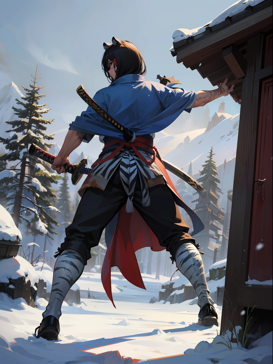Blue and White TIger Samurai with tattered worn cloak standing in a fierce ,hihly detailed, photorealistic,unreal engine, combat stance. unreal engine 5, hyper-realism, Nvidia Geforce 4090TI ,Katana, snow mountains in the backround, magical power