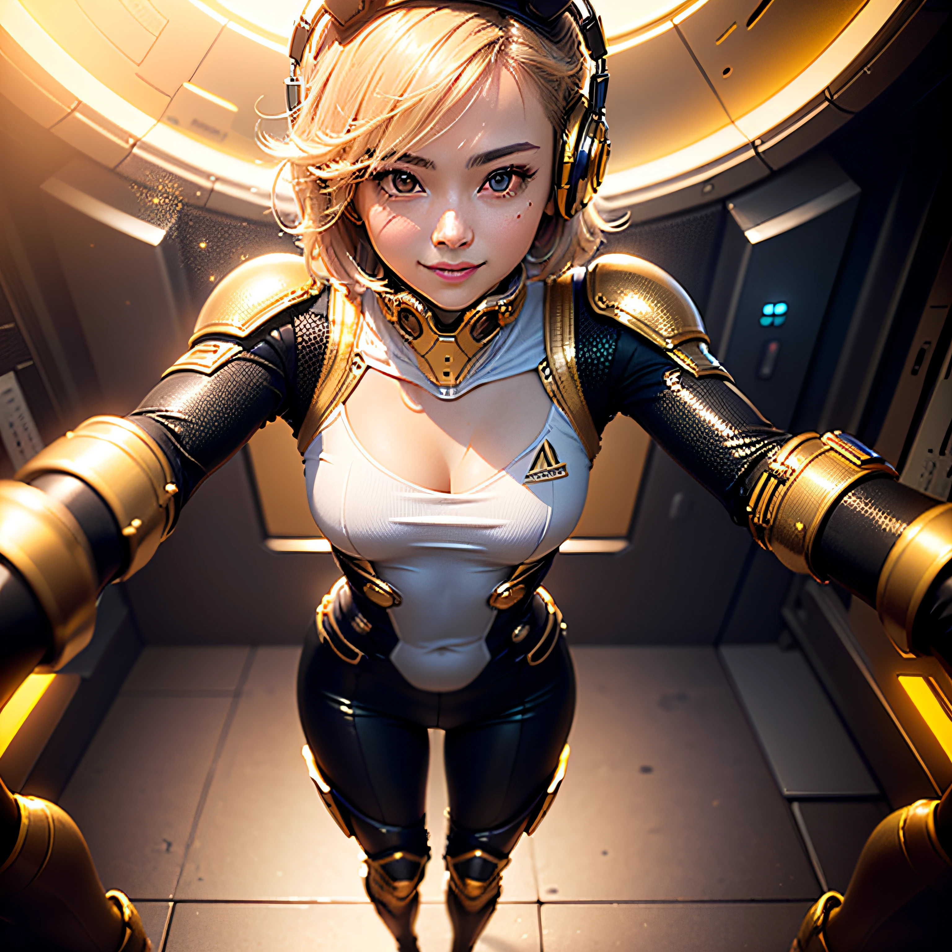 (Masterpiece, highest quality, highest resolution, distinct_image, very elaborate CG, cinematic lighting, ray tracing, drop shadows, detailed detail, (photorealistic: 1.4), high quality textures, fine-grained, realistic face expression): (single girl, face is Japan, girl with golden hair, short hair, small size breasts, Sparkly black color eyes, eye level shot, metallic golden flight suit, tight fit clothes, full-body covering clothes, light smile, beauty, slim body, golden exoskeleton, heroine, headset, golden long boots, golden gloves), inside the spaceship