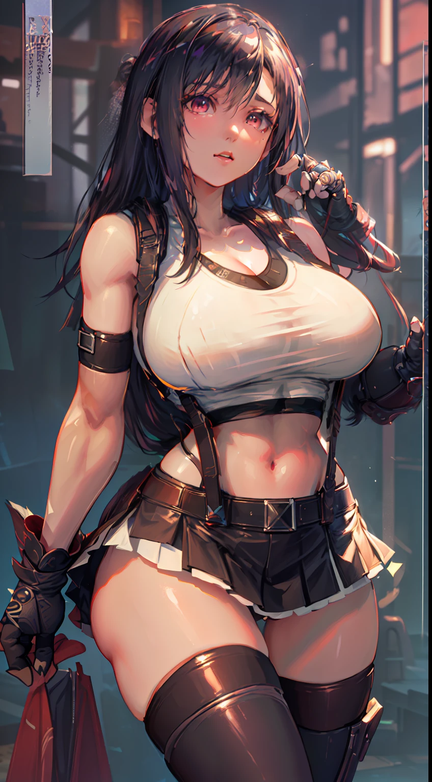 Unreal Engine 5 Realistic Render, (masterpiece, best quality), intricate details, (Best quality)), ((masterpiece)), ((realistic)), (hyperrealism:1.2), (fractal art:1.2), 
1girl, 7rtifa, crop top, arm guards, fingerless gloves, suspenders, pleated miniskirt, black thighhighs, red boots 
extreme detailed eyes, colorful, highest detailed, 
vibrant colors, high contrast,
(8K UHD:1.2), (photorealistic:1.2), beautiful face, top body is hyper realistic thicc muscle and hyper largest_breasts!! with the type of boobs_melons, lower is huge buttocks, wet shiny body