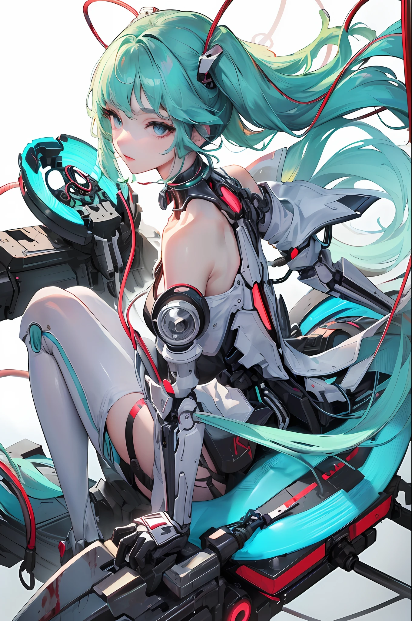 (Masterpiece, Top Quality, Best Quality, Official Art, Beautiful Indulgence: 1.2), (1 Girl: 1.3), Very Detailed, Colorful, Supreme Detail ((Ultra Detailed)), (Highly Detailed CG Illustration), (Very Delicate and Beautiful)), (From the Side), Cinematic Light, (1 Machine Girl)), Solo, Full Body, (Mechanical Joints: 1.2), ((Mechanical limbs)), (Blood vessels connected to tubes), ( Mechanical vertebrae attached to the back), ((Mechanical cervical vertebrae attached to the neck)), (sitting), expressionless, (wires and cables attached to the neck: 1.2), (Head wires and cables: 1.2) (Character focus), Science fiction, white background, (Blood: 1.5), Sharp Focus, (Beautiful gorgeous cute Korean woman: 1.3), ( Beautiful cute Korean woman:1.3), Korean beauty, delicate beautiful hair and eyes and face, Realistic, Ultra detailed, Beautiful girl, Glow white particles, (Side light:1.2), Colossal, Wolf hair, sexy look, dynamic hair, detailed platinum mint green hair, shining blue eyes,