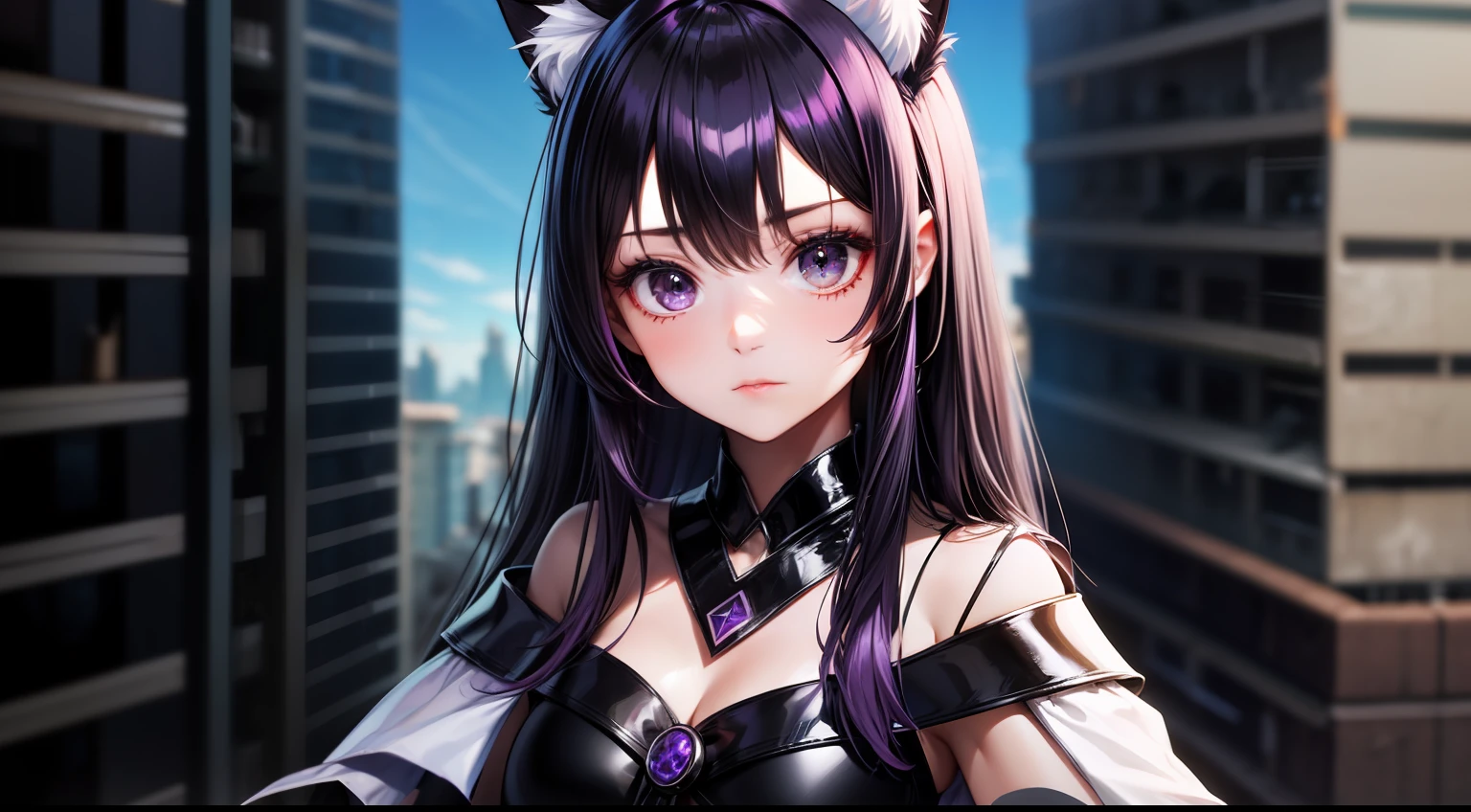 \(Style\): { Masterpiece, Best Quality, High Resolution, Super Detail, Flat Lighting, }, \(Composition\):\{1 Girl, Viewfinder}, \(Appearance\): {(Long Medium Hair: 0.8), Black-Purple Hair, (Straight Hair: 1.2), Black-Purple Cat Ears, Small White Ear Fluff, Shiny Hair, Black Eyes },\(Clothing\): { Black Purple Fashion }, \(Behavior\): { Have a magic wand }, \(Location\): { ( apocalyptic world, ruined city ) }