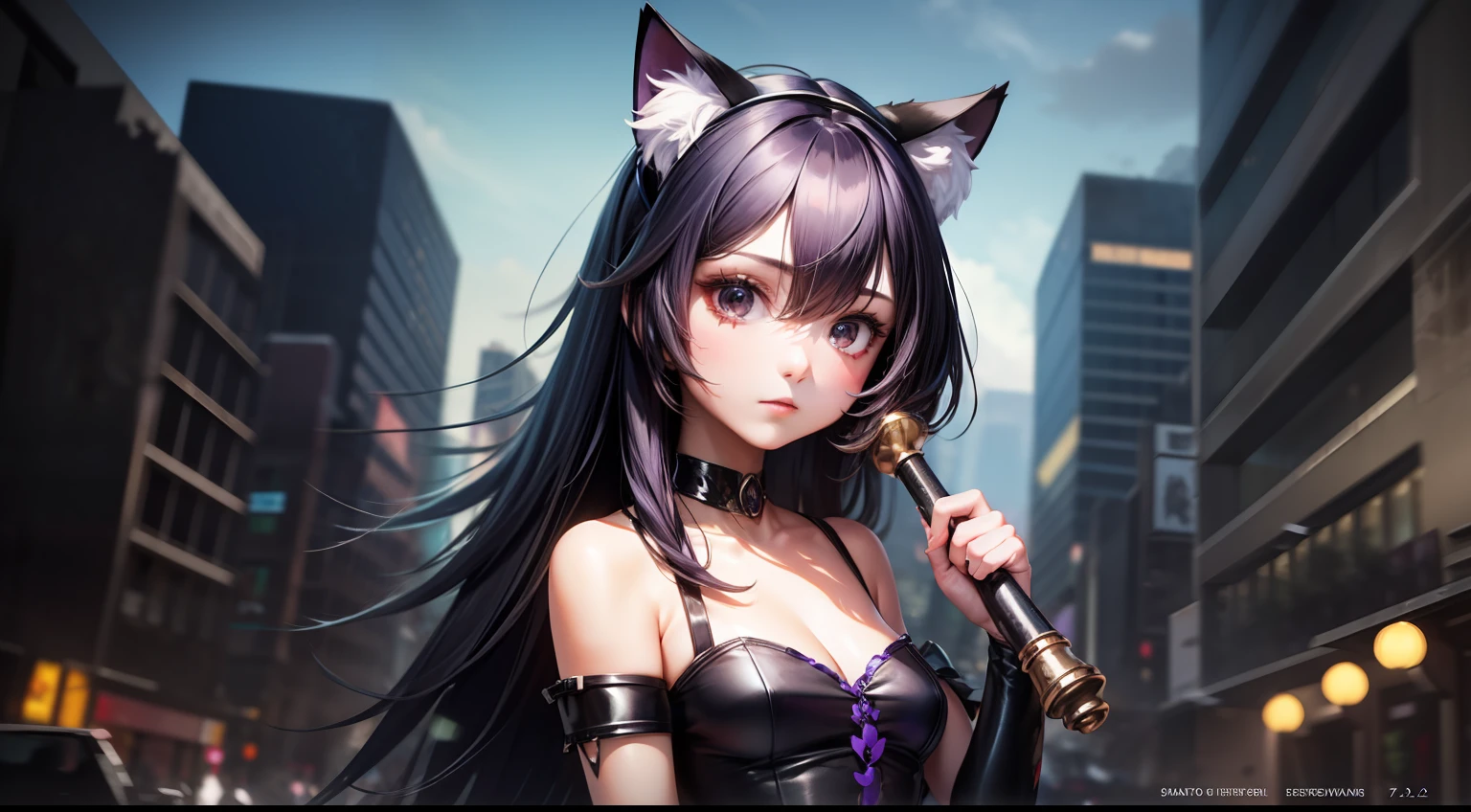 \(Style\): { Masterpiece, Best Quality, High Resolution, Super Detail, Flat Lighting, }, \(Composition\):\{1 Girl, Viewfinder}, \(Appearance\): {(Long Medium Hair: 0.8), Black-Purple Hair, (Straight Hair: 1.2), Black-Purple Cat Ears, Small White Ear Fluff, Shiny Hair, Black Eyes },\(Clothing\): { Black Purple Fashion }, \(Behavior\): { Have a magic wand }, \(Location\): { ( apocalyptic world, ruined city ) }