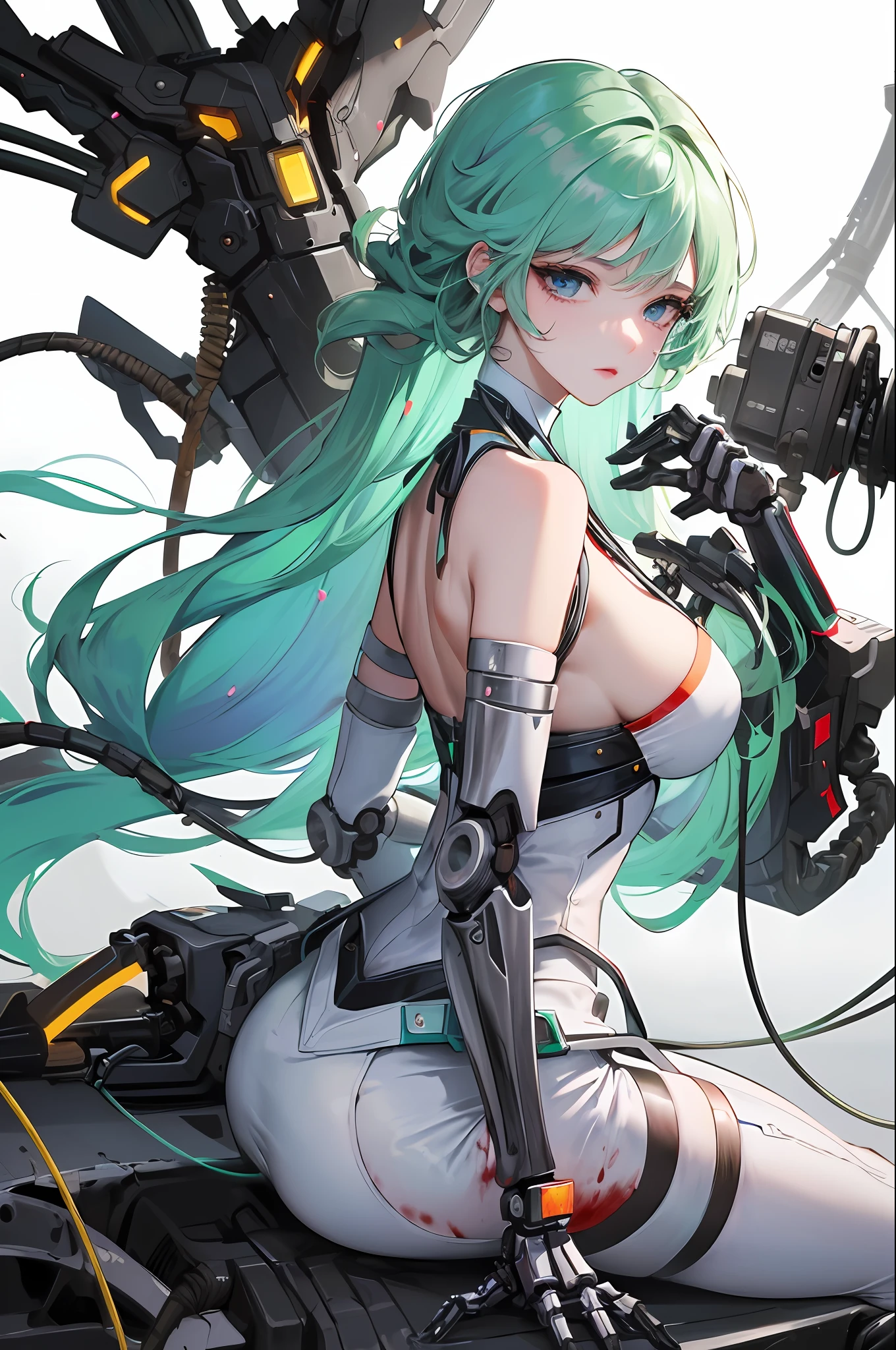 (Masterpiece, Top Quality, Best Quality, Official Art, Beautiful Indulgence: 1.2), (1 Girl: 1.3), Very Detailed, Colorful, Supreme Detail ((Ultra Detailed)), (Highly Detailed CG Illustration), (Very Delicate and Beautiful)), (From the Side), Cinematic Light, (1 Machine Girl)), Solo, Full Body, (Mechanical Joints: 1.2), ((Mechanical limbs)), (Blood vessels connected to tubes), ( Mechanical vertebrae attached to the back), ((Mechanical cervical vertebrae attached to the neck)), (sitting), expressionless, (wires and cables attached to the neck: 1.2), (Head wires and cables: 1.2) (Character focus), Science fiction, white background, (Blood: 1.5), Sharp Focus, (Beautiful gorgeous cute Korean woman: 1.3), ( Beautiful cute Korean woman:1.3), Korean beauty, delicate beautiful hair and eyes and face, Realistic, Ultra detailed, Beautiful girl, Glow white particles, (Side light:1.2), Colossal, Wolf hair, sexy look, dynamic hair, detailed platinum mint green hair, shining blue eyes,