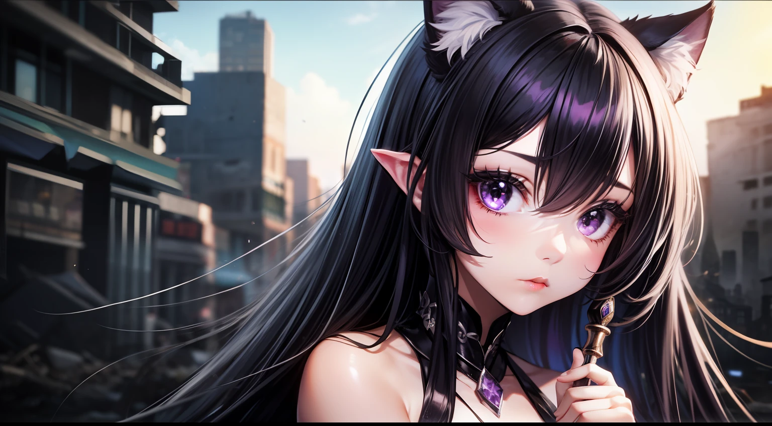 \(Style\): { Masterpiece, Best Quality, High Resolution, Super Detail, Flat Lighting, }, \(Composition\):\{1 Girl, Viewfinder}, \(Appearance\): {(Long Medium Hair: 0.8), Black-Purple Hair, (Straight Hair: 1.2), Black-Purple Cat Ears, Small White Ear Fluff, Shiny Hair, Black Eyes },\(Clothing\): { Black Purple Fashion }, \(Behavior\): { Have a magic wand }, \(Location\): { ( apocalyptic world, ruined city ) }