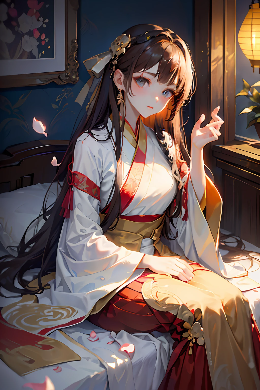 Superb Quality, Masterpiece, High Resolution, (Exquisite Body: 1.5), Stunning Beauty, (Milky Skin: 1.3), Exquisite Details, High Resolution, Wallpaper, 1 Woman, Solo, Dress, Hair Accessories, ((((Golden Red Dress)) ), Flower, Long Hair, Brown Hair, Shut Up, Accessories, Long Sleeves, Raised Hands, Wide Sleeves, Big Eyes, Flowing Hair, Hanfu, Hanfu, Embroidery, Long Skirt, Natural Posture, Sitting on Bed, Falling Petals, Indoor, Fanning, Lantern, 16K, HDR, High Resolution, Depth of Field, (Film Grae: 1.1), Bocon, Primetime, (Lens Glow), Vignette, Rainbow, (Color Grading: 1.5)