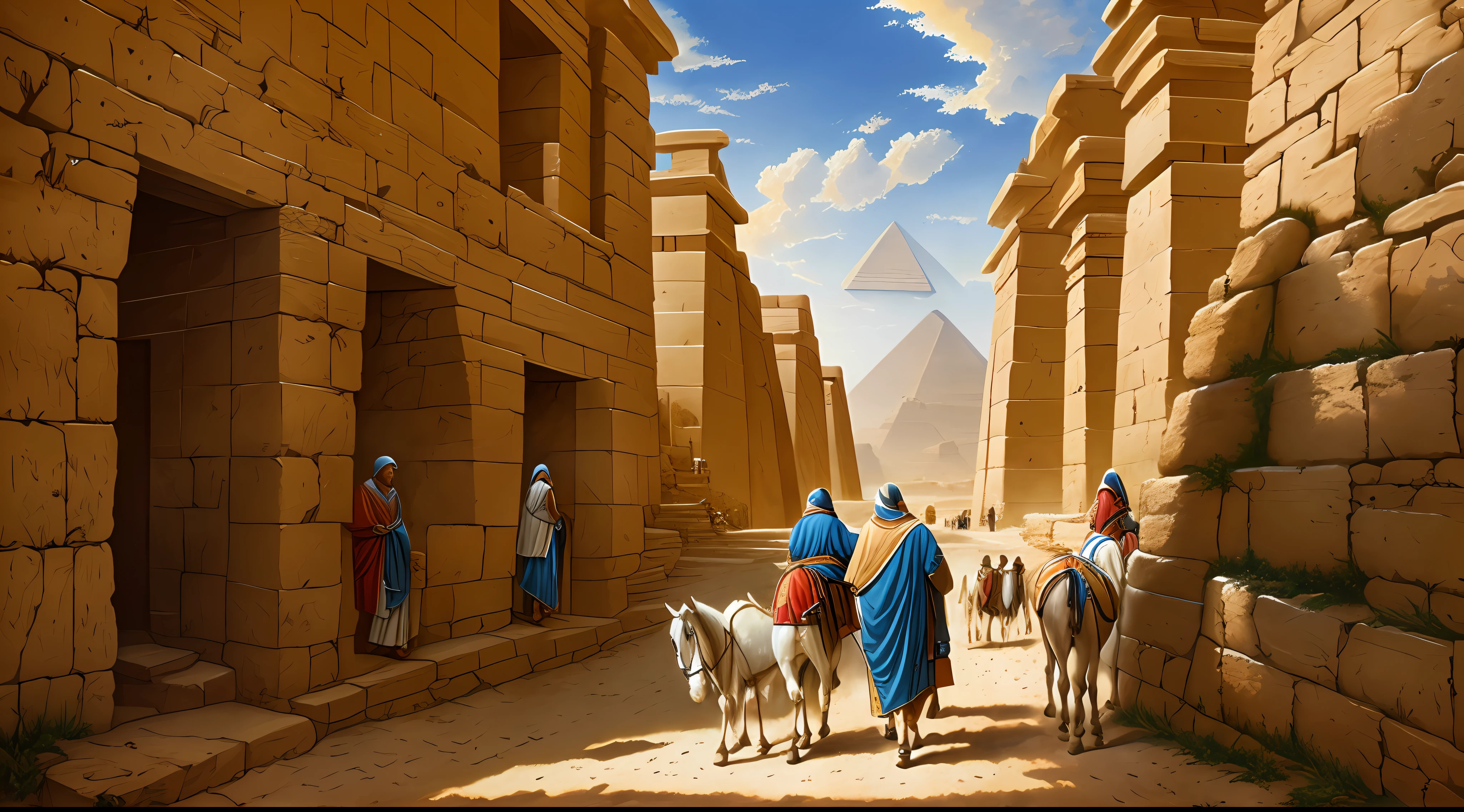Joseph walking on foot pulling a donkey carrying Mary and the baby Jesus, in the background the pyramids of Egypt, biblical history, expressions, high quality, high details, best quality, 16k --auto --s2