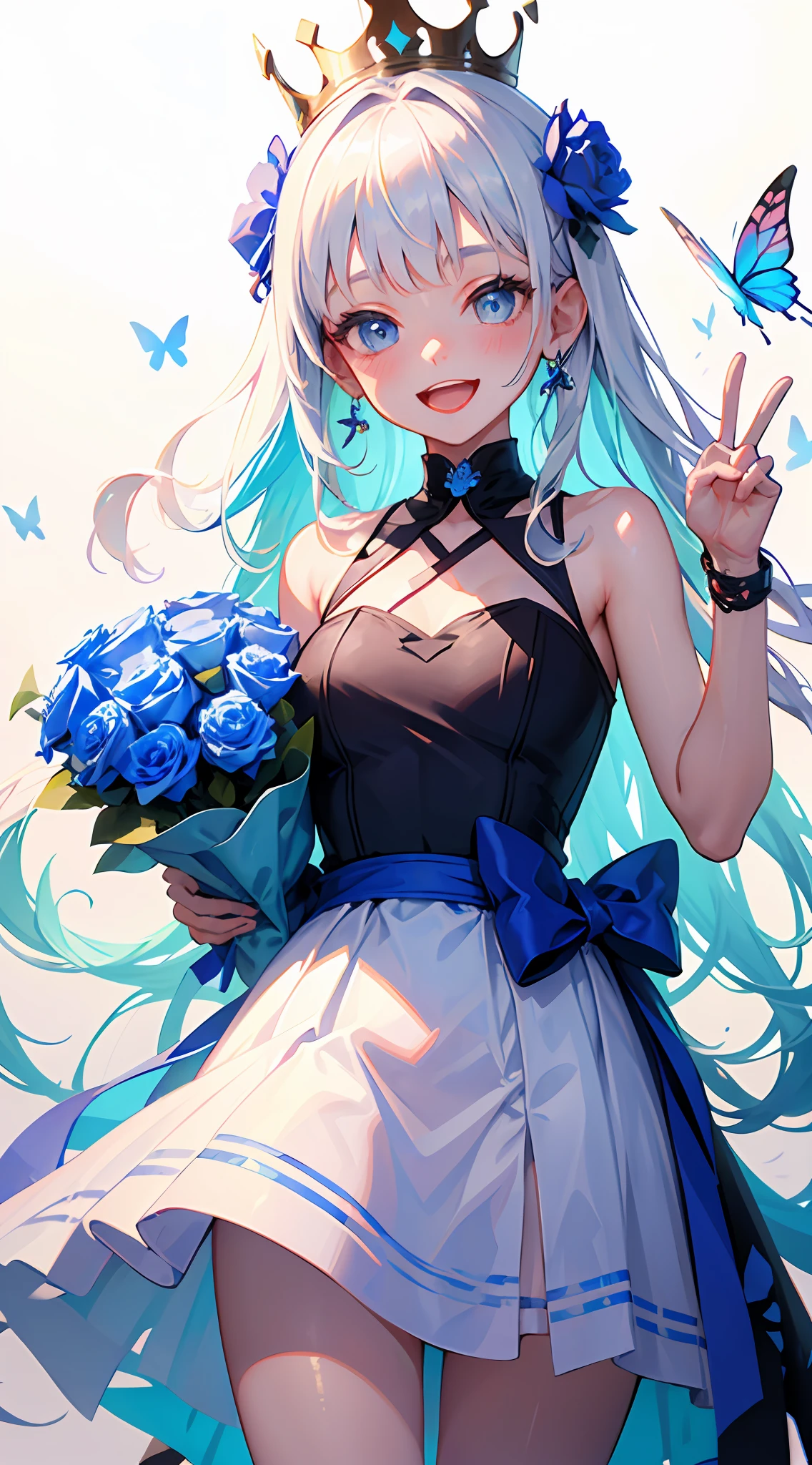 ( ✌:1.5) 1girl, flower, bouquet, white hair, blue flower, hair ornament, blue eyes, dress, solo, rose, smile, long hair, blue rose, holding bouquet, white dress, holding, looking at viewer, butterfly, open mouth, multicolored hair, bug, gradient hair, sleeveless, blush, crown, white background, very long hair, blue hair, :d, virtual youtuber, bangs, hair flower, bare shoulders, earrings, hairclip, jewelry, sleeveless dress, simple background, choker, veil, ribbon, mini crown ,torino aqua,ski style