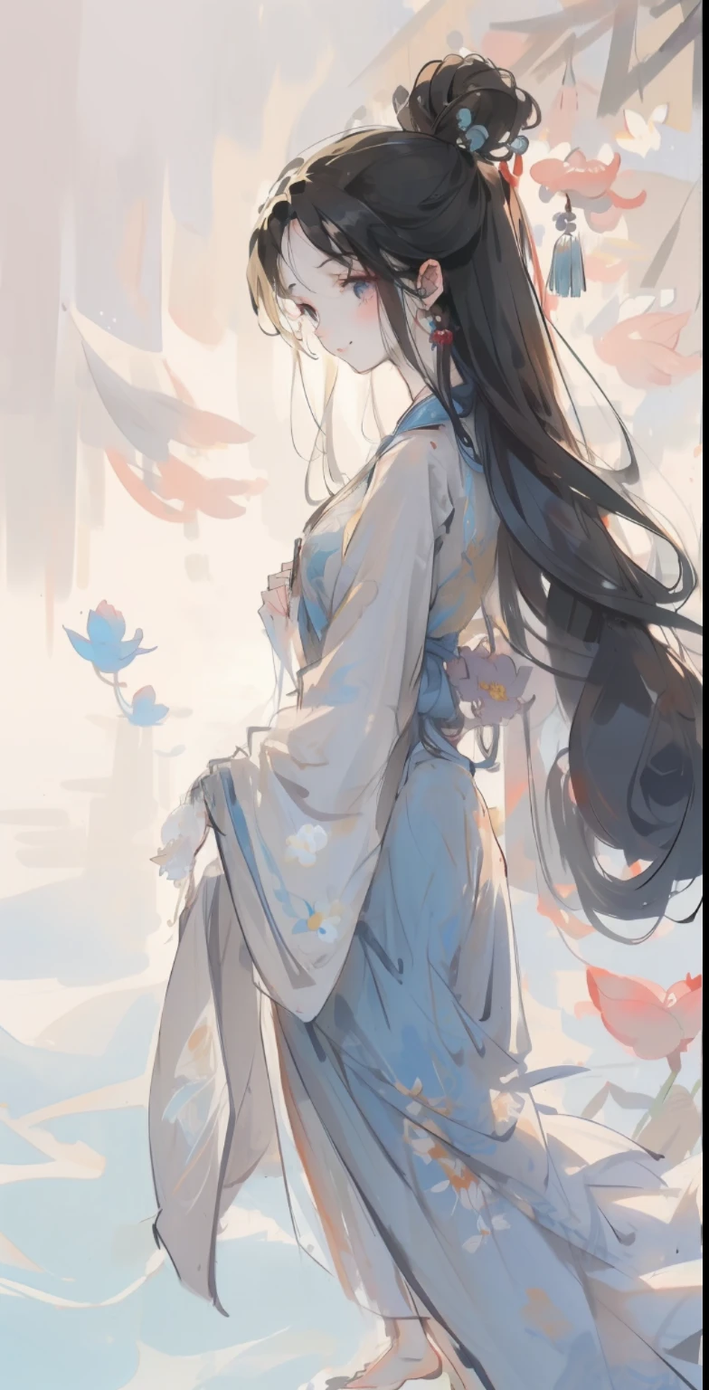 ((4k,masterpiece,best quality)), shuimobysim, traditional chinese ink painting, lotus, hanfu, maxiskit, dress conservatively 1girl, solo, long blue hair, smile, standing, feet in the water, barefoot,