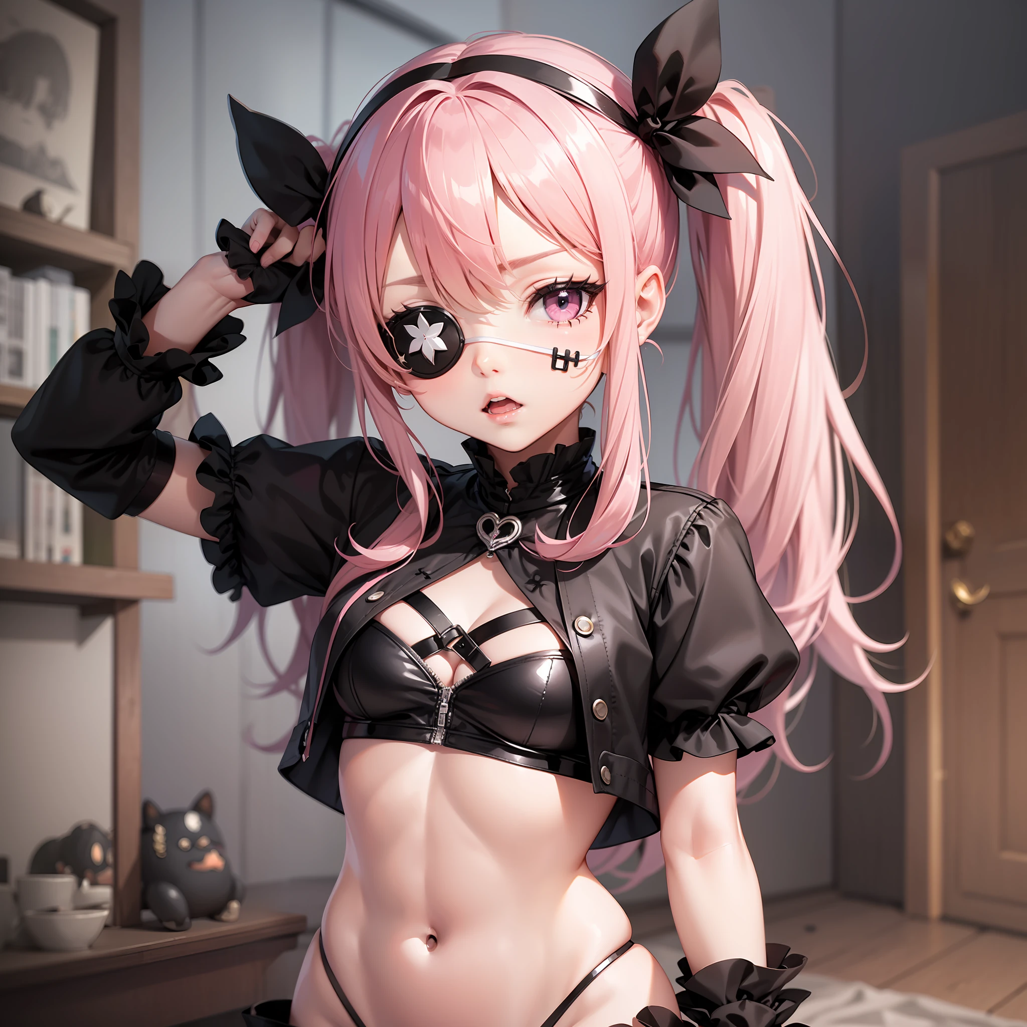 Black eye patch, pink twin tails, elaborate expression, detailed and delicate body, tomboy, goth , dollhouse