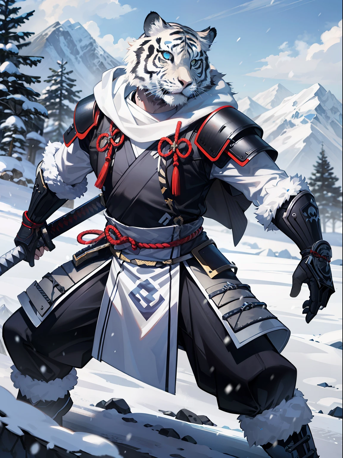 Blue and White TIger Samurai with tattered worn cloak standing in a fierce ,hihly detailed, photorealistic,unreal engine, combat stance. unreal engine 5, hyper-realism, Nvidia Geforce 4090TI ,Katana, snow mountains in the backround, magical power