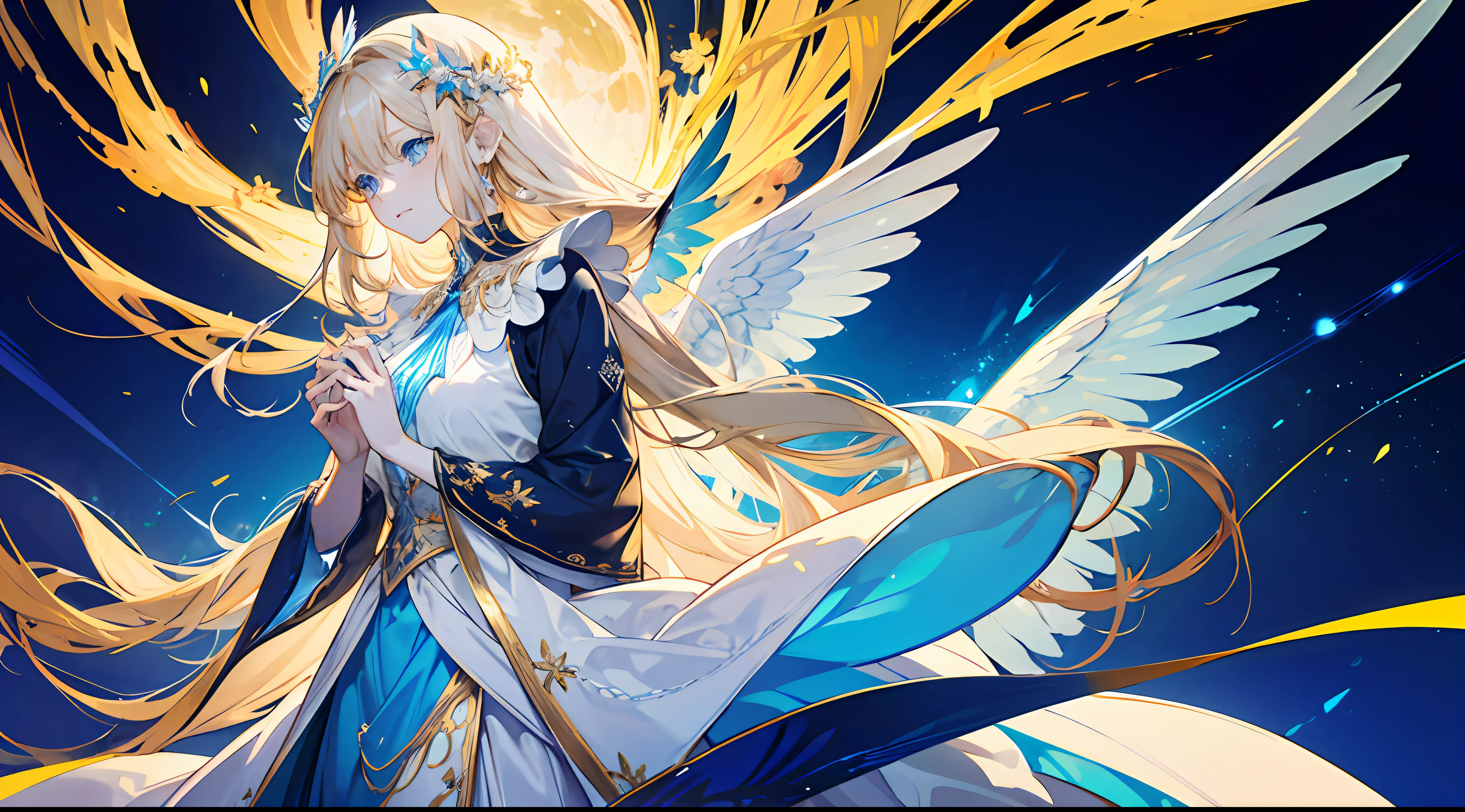 16k, a , beautiful, otherworldly, elegant, blue eyes, full body, long blonde hair, simple dress, white and blue long dress, extreme details, golden streamer surrounding, angel descending, magic array, (three pairs of huge wings), masterpiece, concept art, hands open, facial details presented, upper body