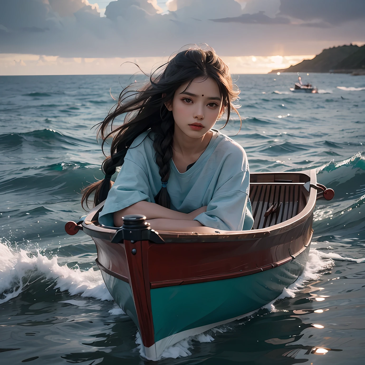 Indian girl. Green and blue feathers. in small clothes. on the beach. It starts to get dark. the rough sea. Indian canoes at sea. Real girl. very real. Long black hair with braids. --auto