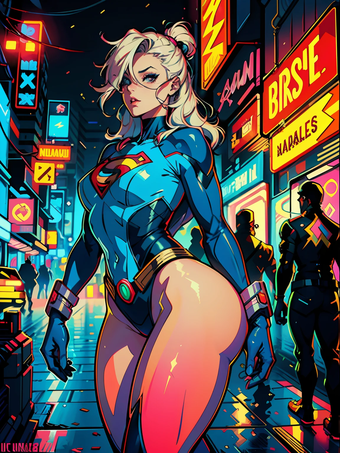 a digital painting of long-haired supergirl, cyberpunk art by Josan Gonzalez, winner of the behance contest, afrofuturism, synthwave, neon, shiny neon, thick thighs, thin waist, sensual, nsfw, little clothing, erotic art, anime, big ass, lightning coming out in one eye