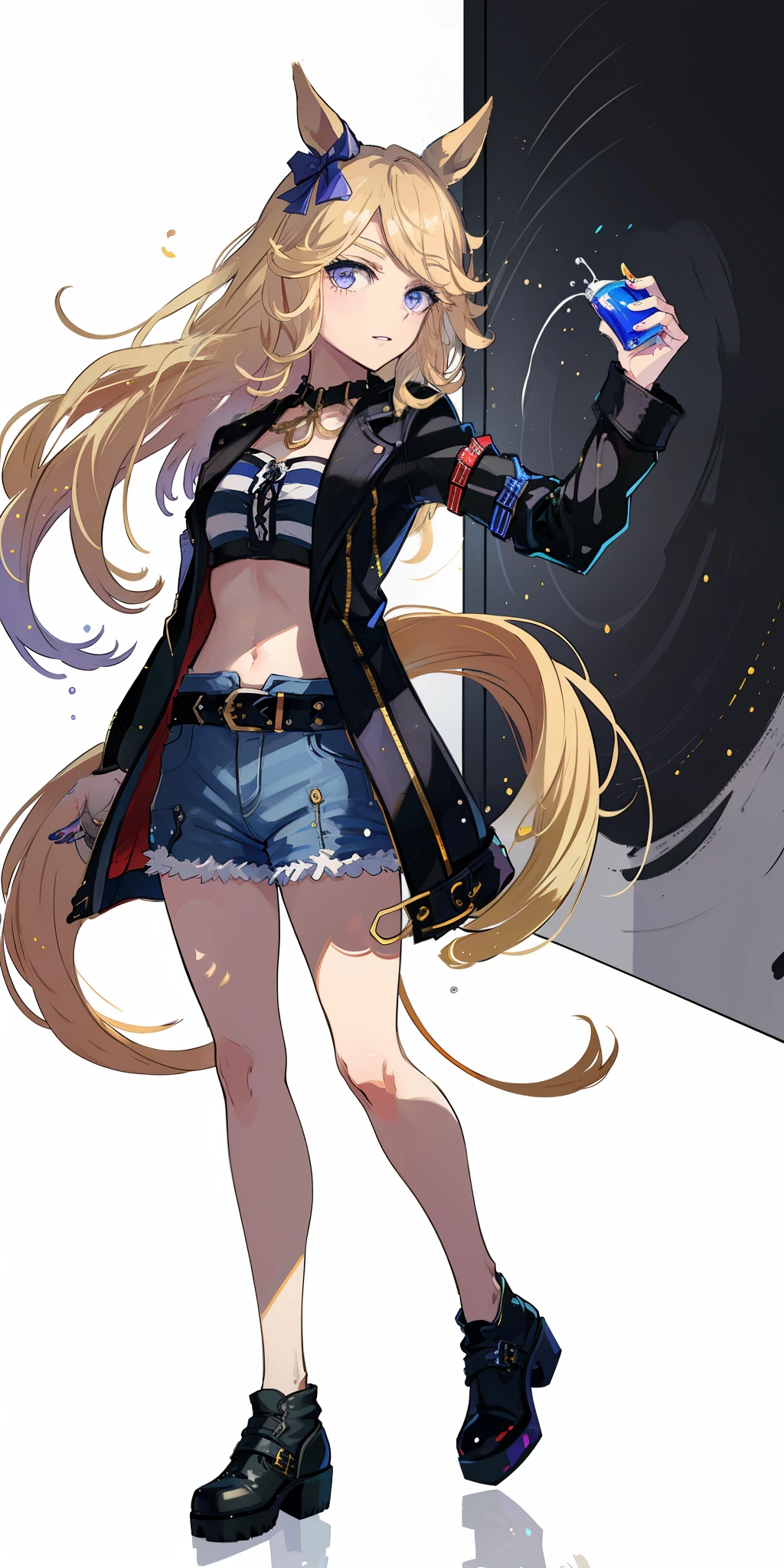 (Masterpiece: 1.2, highest quality), (Beautiful eyes of detail: 1.2), (Highly detailed CG Unity 8k wallpaper, masterpiece, highest quality, super detail, best shadows), (Detailed background), (Beautiful detailed face, beautiful detailed eyes), high contrast, (best lighting, very delicate and beautiful), 1girl, ((Splashing of colorful paint, dulux,, on transparent background)), dynamic angle, Beautiful detailed shine, full body, cowboy shot, blonde, purple eyes, horse ears