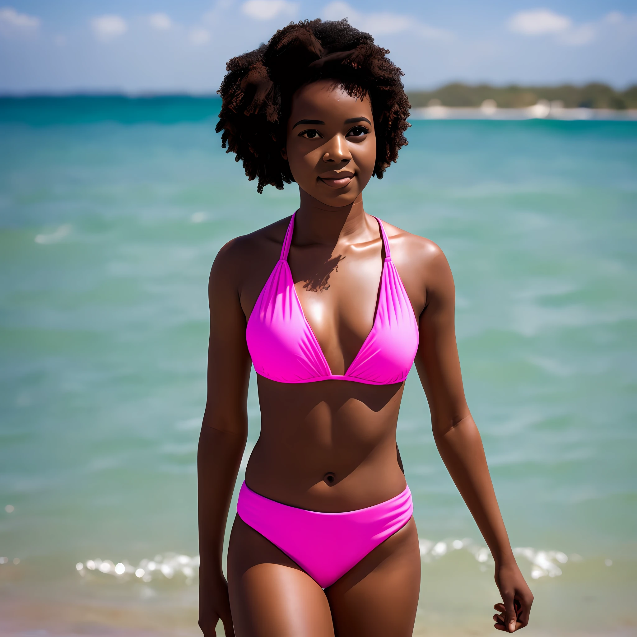 Ebony woman, 24 years old, black hair, nice face, profiled nose, full body, wearing pink bikini, on the beach, with crystal clear sea, in 3D, 16K resolution, wide angle. Style: Photo lens 50 mm, aperture F 2.8. Negative should not come out: Blurred, 2 heads, 2 faces, misshapen, ugly, mutated, mutilated, missing limbs, floating limbs, fused limbs, out of focus, cropped head, cardboard, plastic --auto