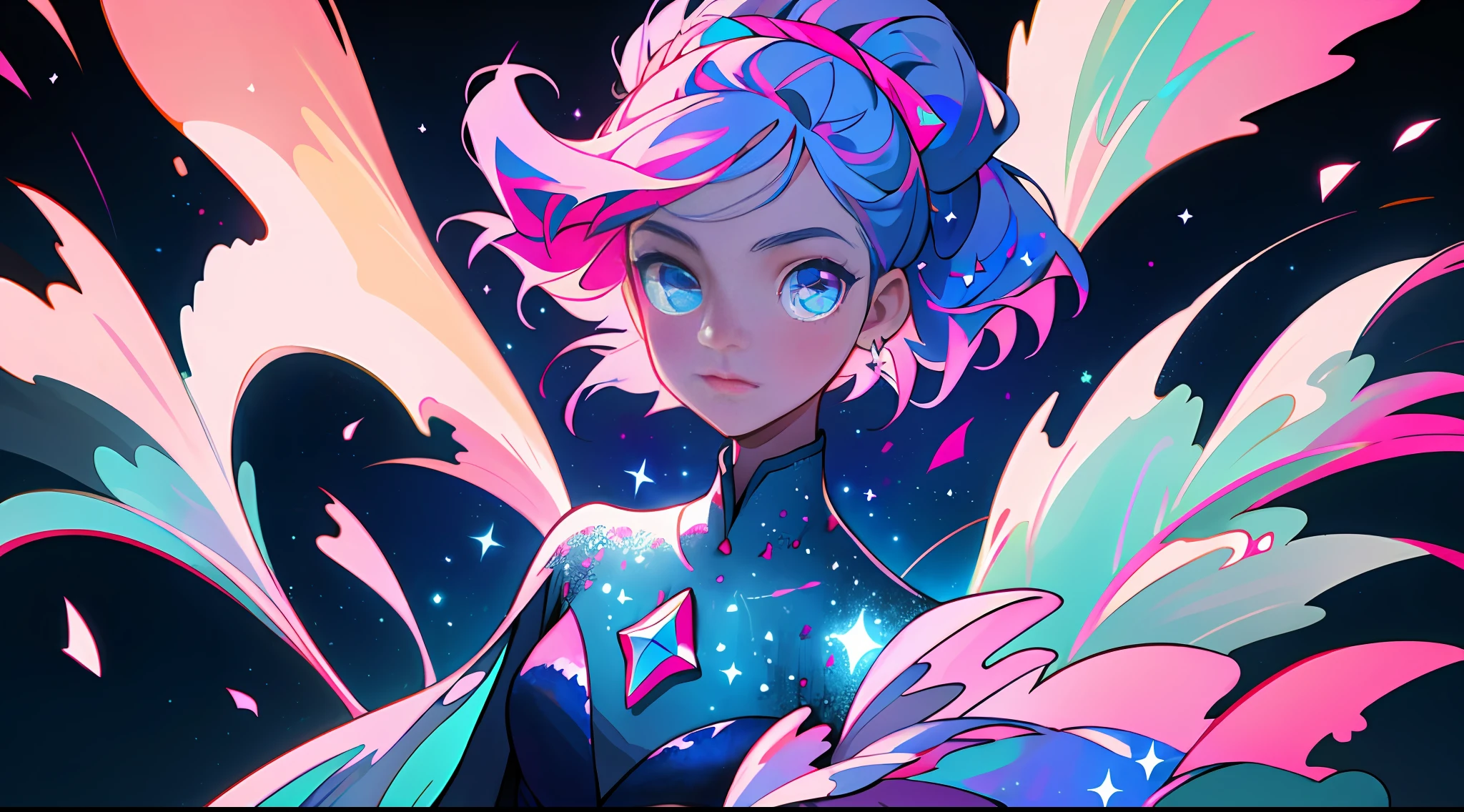 (best quality, masterpiece), 1girl, galaxy, glitter, dress, particle, wind, flower, upper body, dark simple background, looking at viewer, (blue-pink theme)