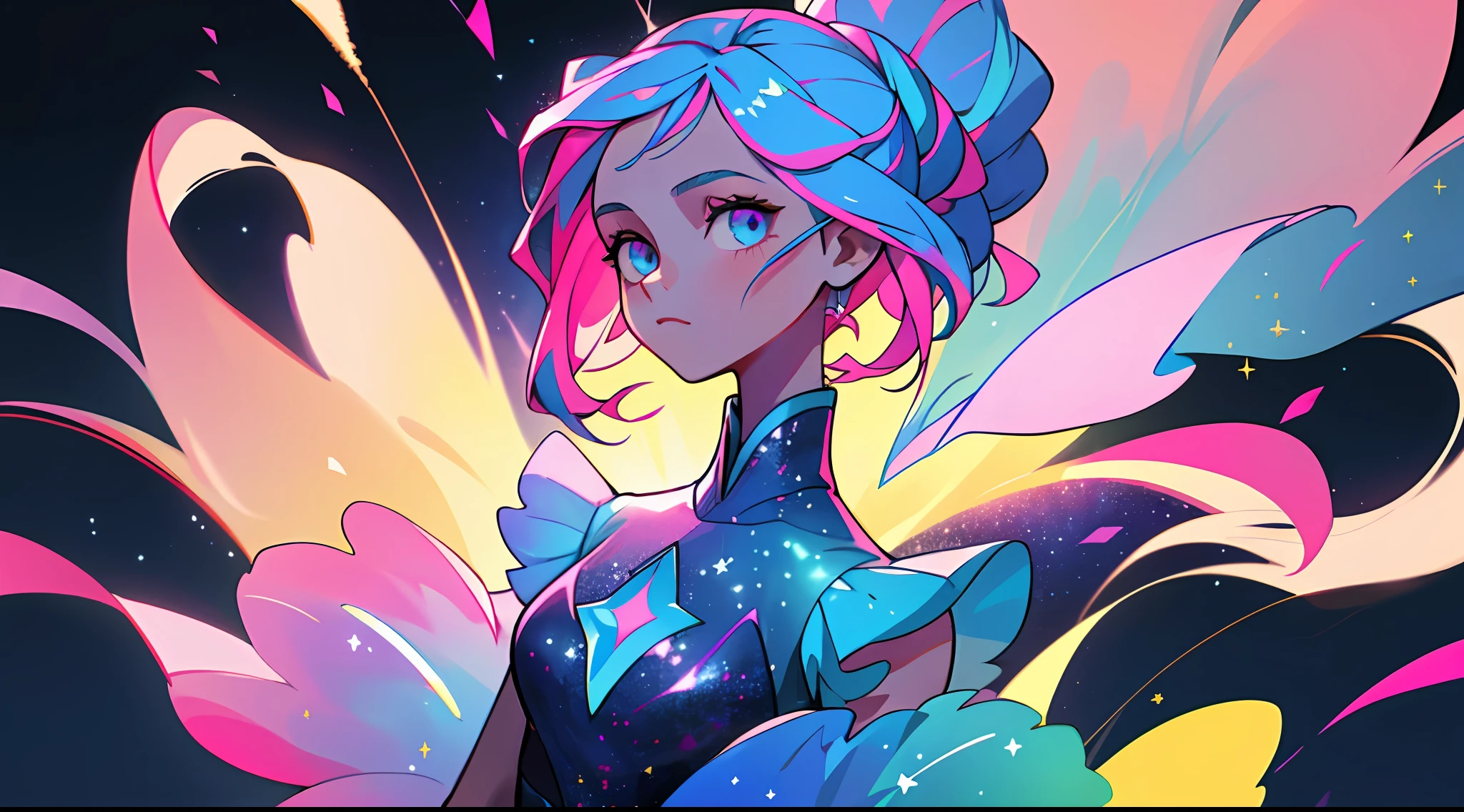 (best quality, masterpiece), 1girl, galaxy, glitter, dress, particle, wind, flower, upper body, dark simple background, looking at viewer, (blue-pink theme)