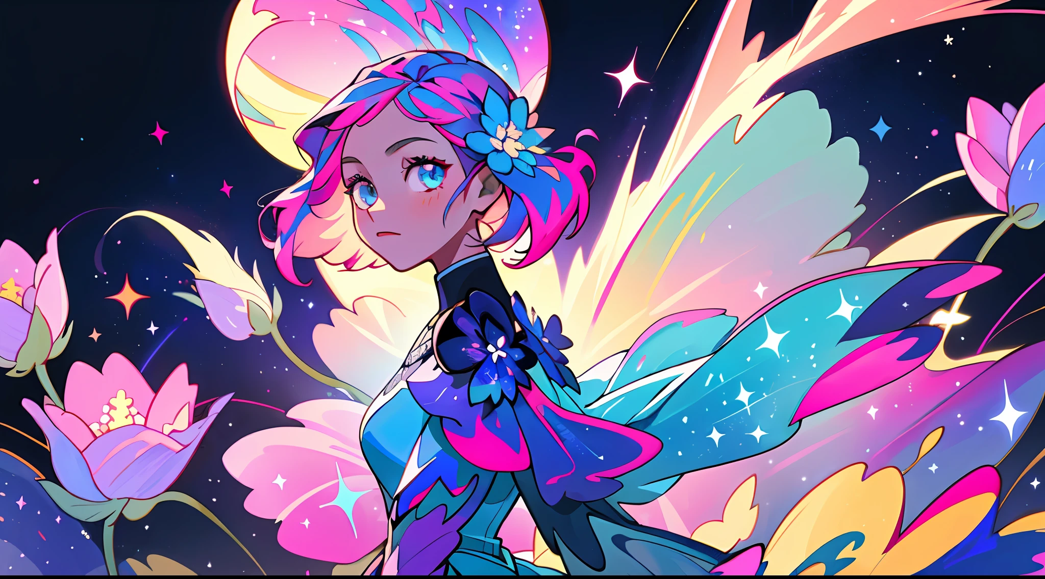 (best quality, masterpiece), 1girl, galaxy, glitter, dress, particle, wind, flower, upper body, dark simple background, looking at viewer, (blue-pink theme)