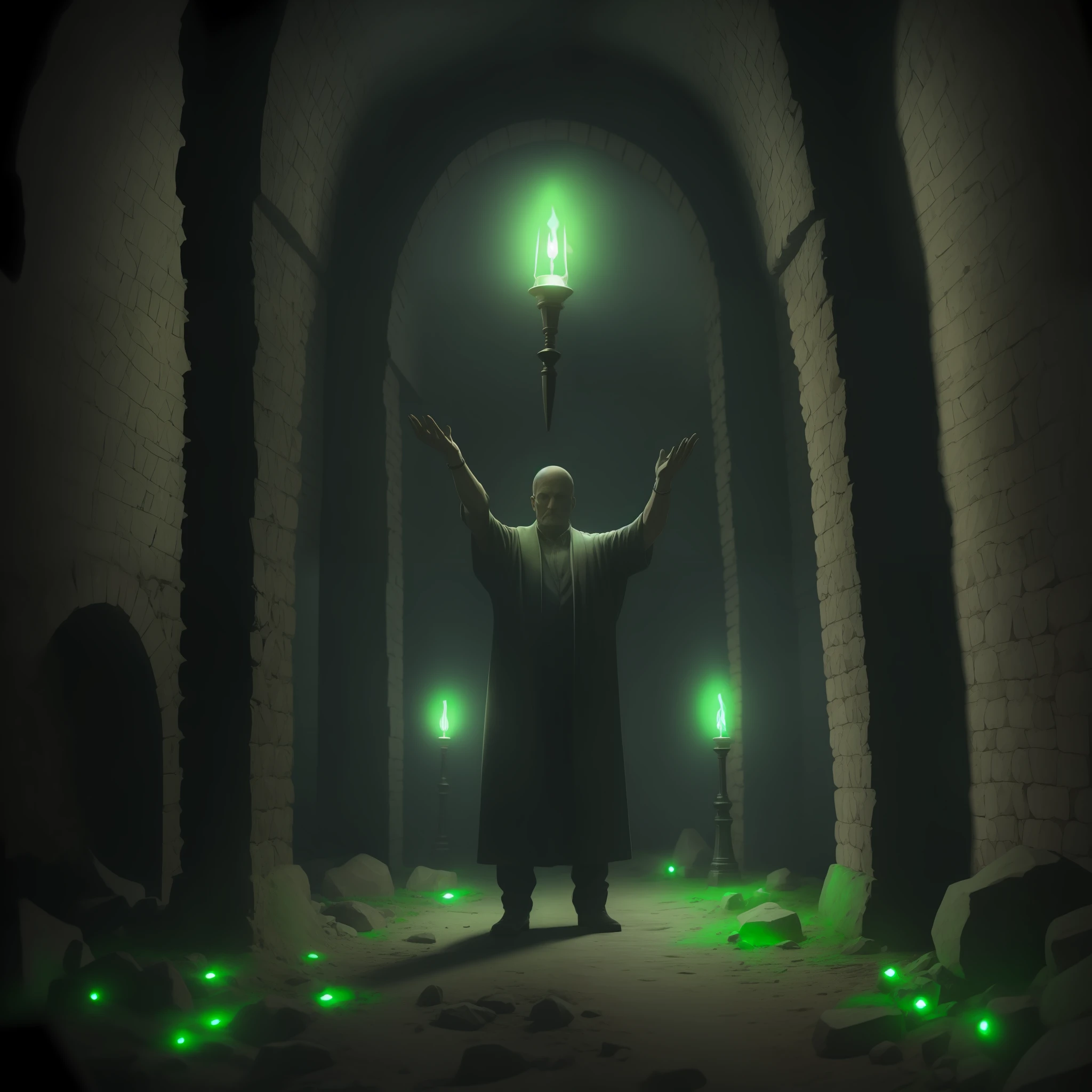 Green lights coming out of his hands. Ultra realism, detailed, antique catacomb background, with torches on the walls, dark ambient light