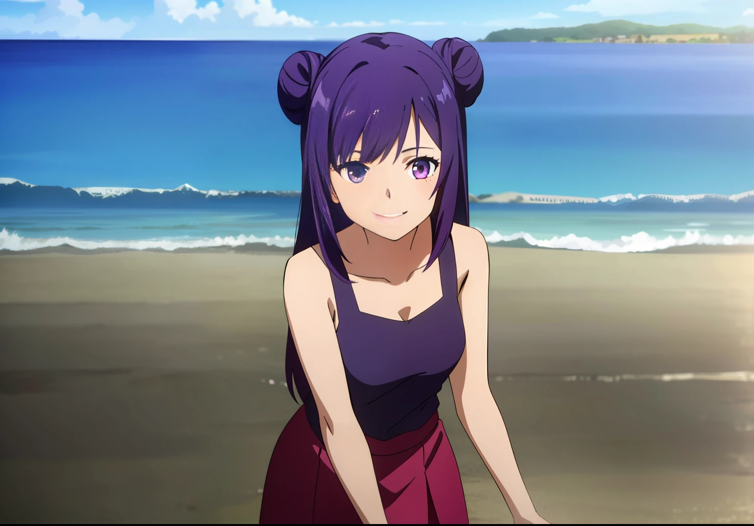 Masterpiece, best quality, very detailed, 1girl, solo, long purple hair, long hair and two buns but with long hair behind, wear a short blue top and a long red skirt on the beach, movement blurr, beautiful eyes, pink eyes, movement blurr, anime screencap, beautiful face, dark purple hair, purple hair, dark hair, purple hair, purple hair, dark purple hair,smiling ((dark purple hair)) ((purple hair))