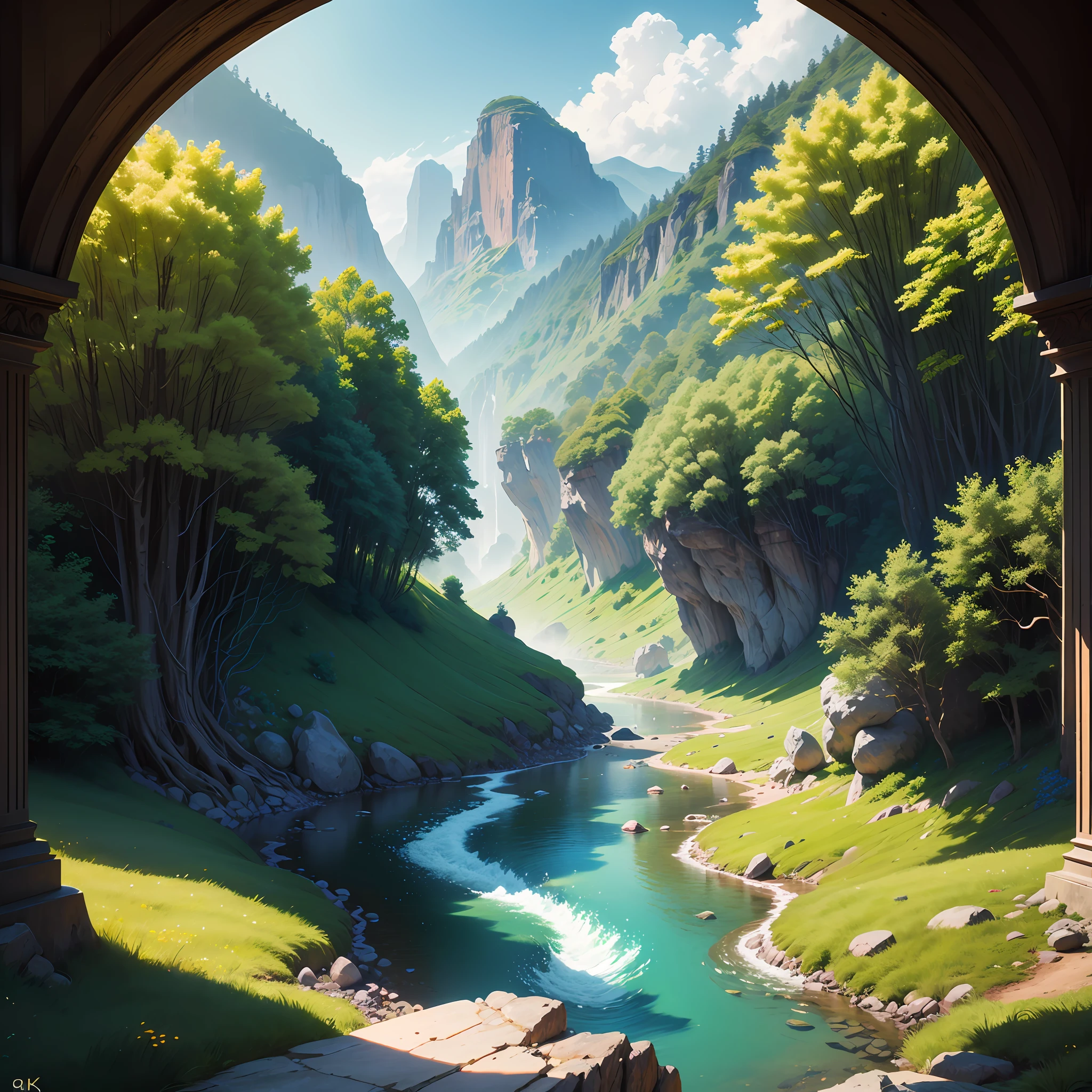 Image of a colorful river running through a green valley, colorful waters, rainbow river, magic river, valley with green trees. ((8k:1.27), best quality, masterpiece, ultra highres:1.2) intricate elegant, fantasy, detailed, metric by Greg Rutkowski and Alphonse Mucha, gradient lighting --auto