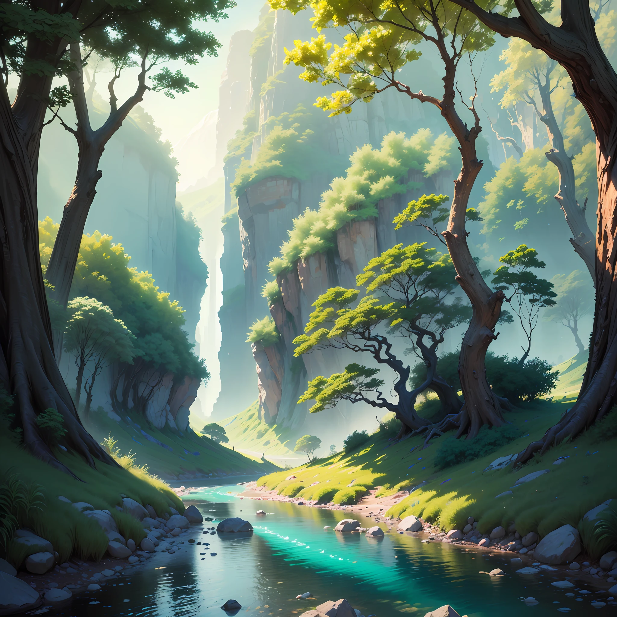 Image of a colorful river running through a green valley, colorful waters, rainbow river, magic river, valley with green trees. ((8k:1.27), best quality, masterpiece, ultra highres:1.2) intricate elegant, fantasy, detailed, metric by Greg Rutkowski and Alphonse Mucha, gradient lighting --auto