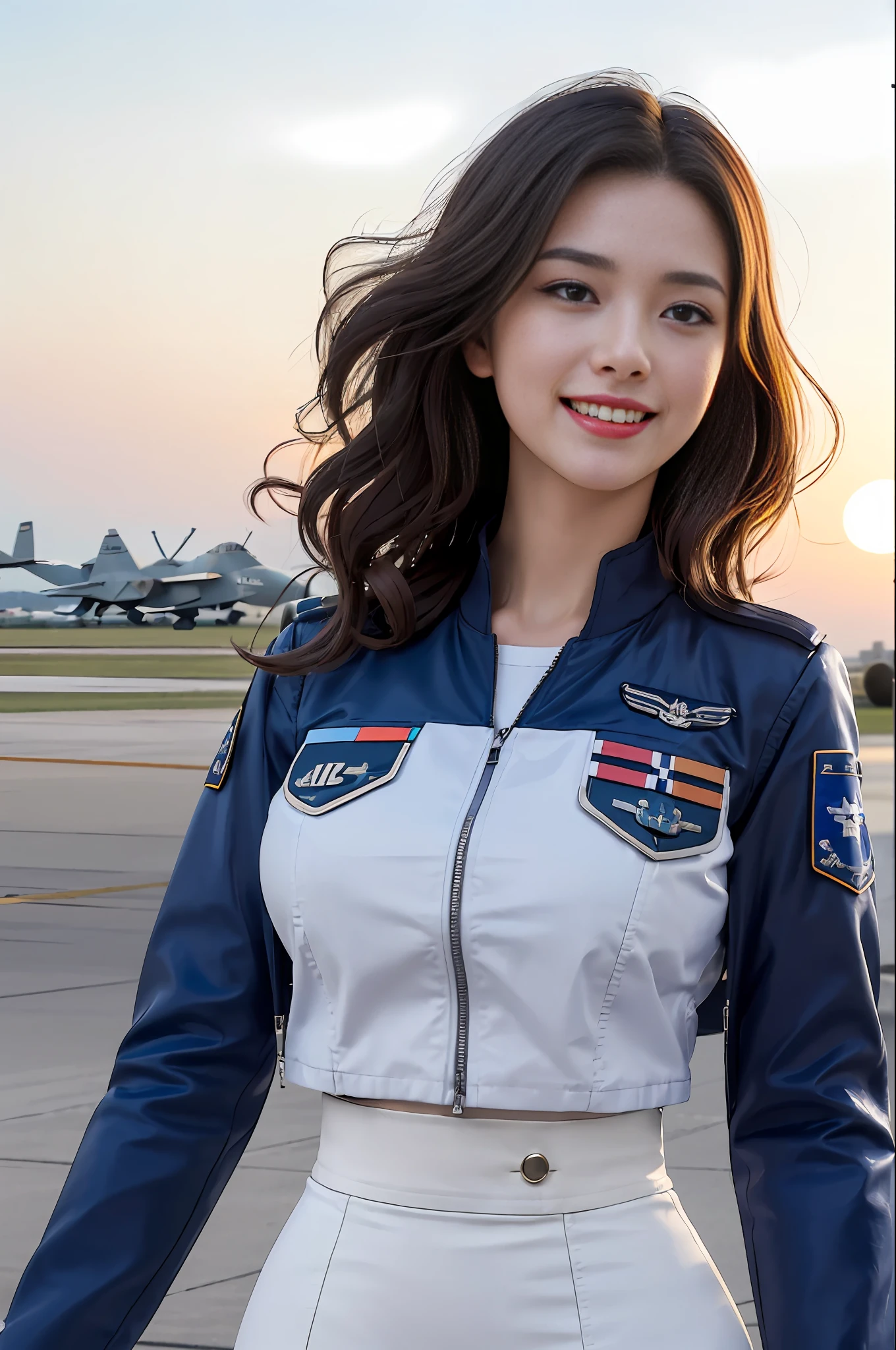 (Best quality, 8k, 32k, Masterpiece, UHD:1.2), (realistic:1.5), (masterpiece, Extremely detailed CG unity 8k wallpaper, best quality, highres:1.2), (ultra detailed, UHD:1.2), Photo of extremely cute and beautiful Japanese woman, (chestnut long wavy hair:1.2), adult, (detailed beautiful girl:1.4), best quality, woman, adult, (detailed US air-force pilot uniform:1.5), (white pilot captain jacket:1.3), (white high-waist pencil skirt:1.3), detailed clothes, (Beautiful sunset US air force base runway view background:1.3), embarrassed laughing:1, light smile, looking at viewer, facing the viewer, ((perfect female body)), (narrow waist:1.2), (upper body image:1.3), slender, abs, (large breasted:1.25), ((frame the head)), wind, dynamic pose, cinematic light, back light, perfect anatomy, perfect proportion, detailed human body, bokeh, depth of field,