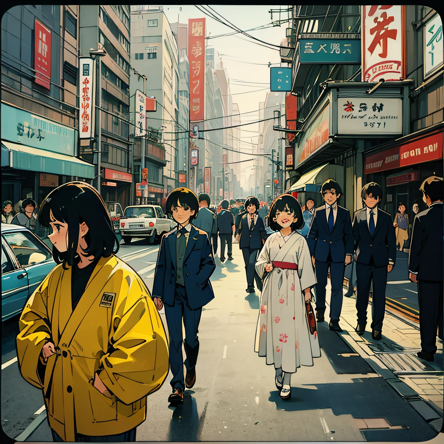 1970s Tokyo scenery, 1970s people, vintage photo,
