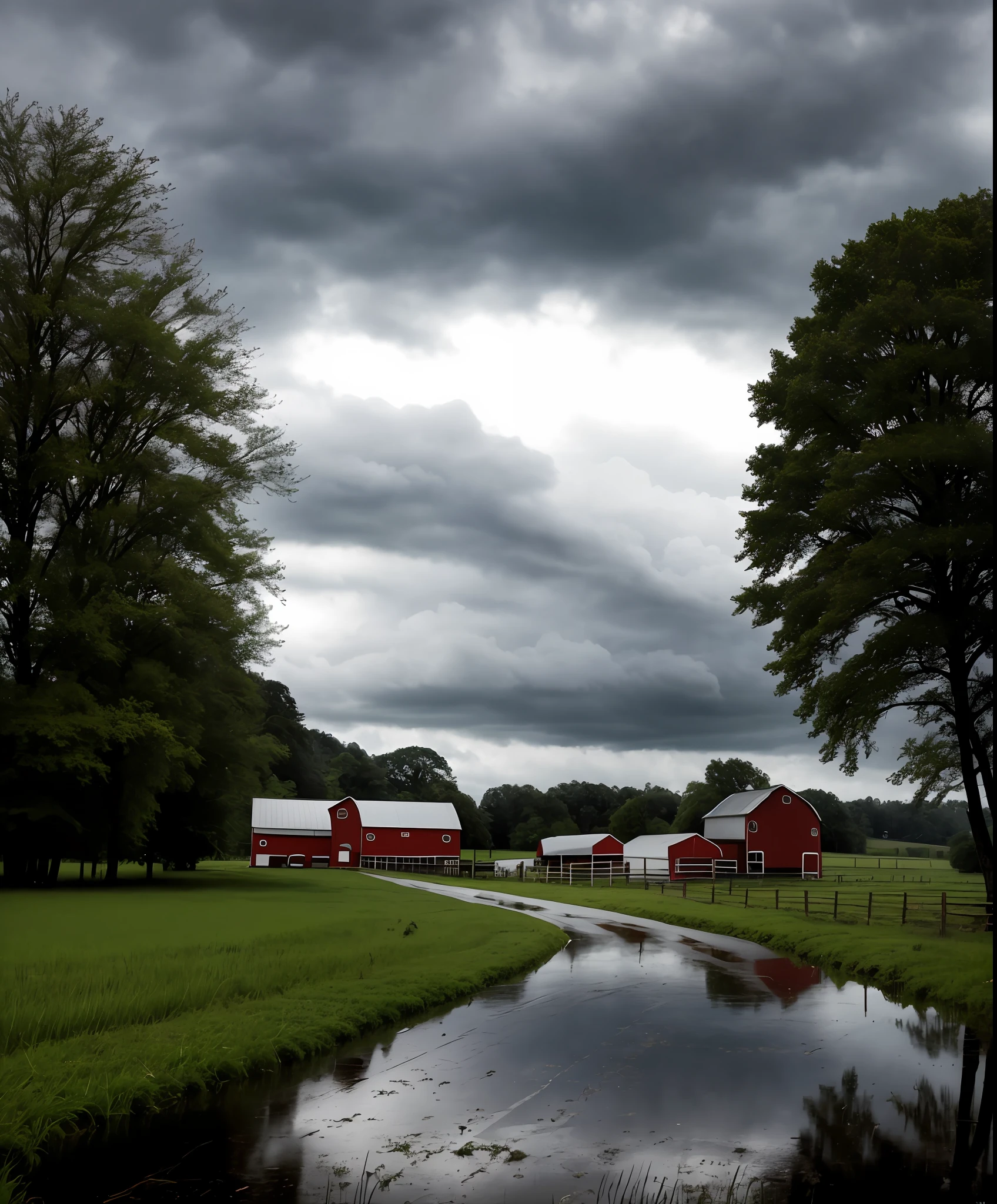 A farm, rainy weather