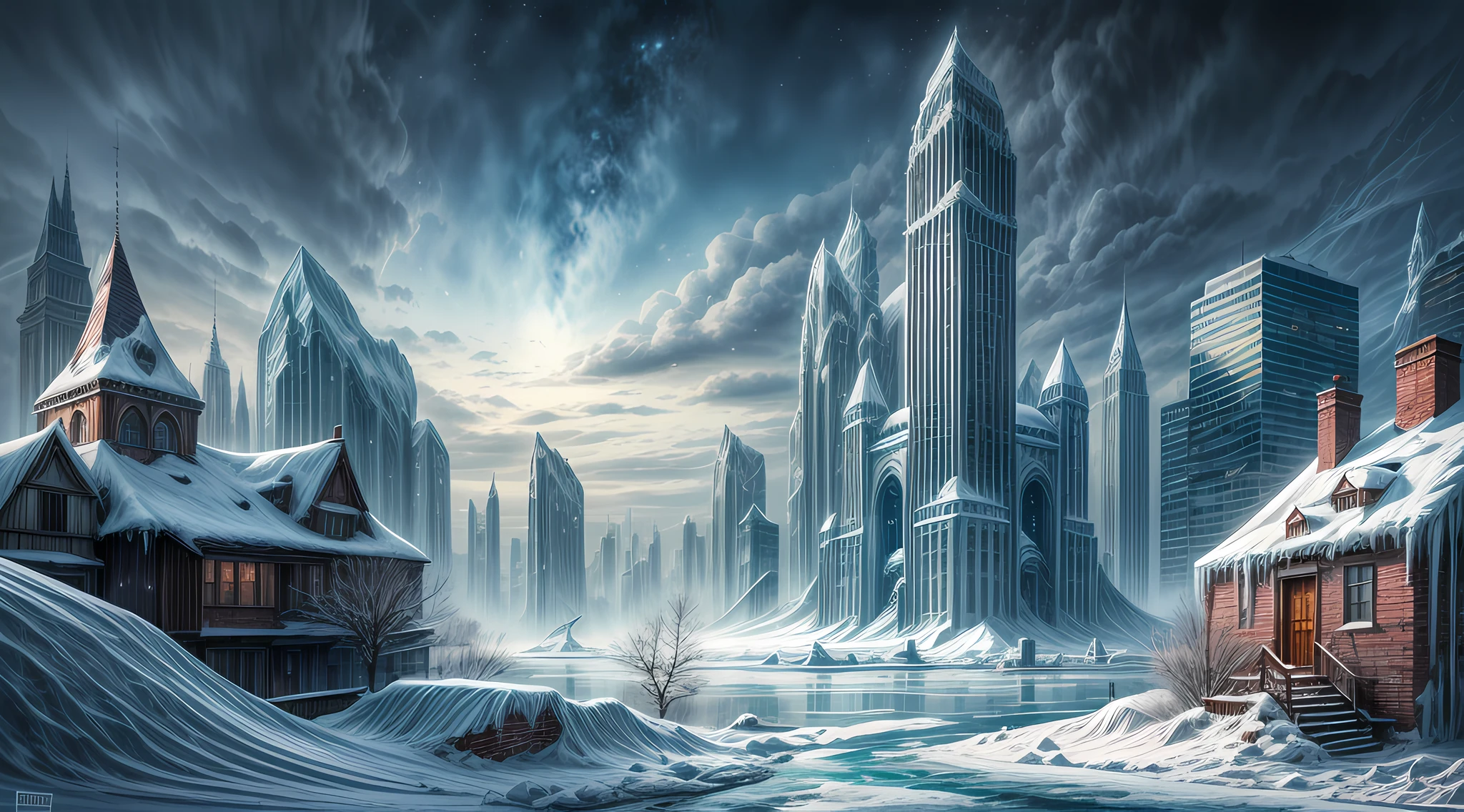 In the year 2100, a hauntingly beautiful and post-apocalyptic landscape stretches out before our eyes. The world has succumbed to a new ice age, where icy winds whip through the desolate remains of once-thriving cities. Nature's icy grip has transformed the familiar urban jungles into frozen mausoleums. Towering skyscrapers, now encased in crystalline ice, stand as solemn witnesses to human fragility. The windows, frozen and delicate, reveal glimpses of the houses and buildings trapped below, creating a ghostly vision of the frozen cityscape. The bitter cold bites at our skin as we navigate the buried streets beneath layers of snow and ice. Abandoned vehicles, half-buried and forgotten, serve as solemn reminders of the desperate struggle against the encroaching cold. The silence is heavy, broken only by the occasional creaking and groaning of the frozen structures. As we stand in this frozen tableau, we marvel at the ethereal beauty created by nature's brush, each delicate snowflake casting a mesmerizing glow. Let this scene be depicted as a detailed illustration, executed with digital art techniques, capturing the intricate details of the frozen cityscape and the haunting glimpses of the submerged houses and buildings. The illustration should convey a sense of mystery and exploration, inviting the viewer to delve into the secrets hidden beneath the ice. /imagine artwork: Detailed illustration, digital art techniques