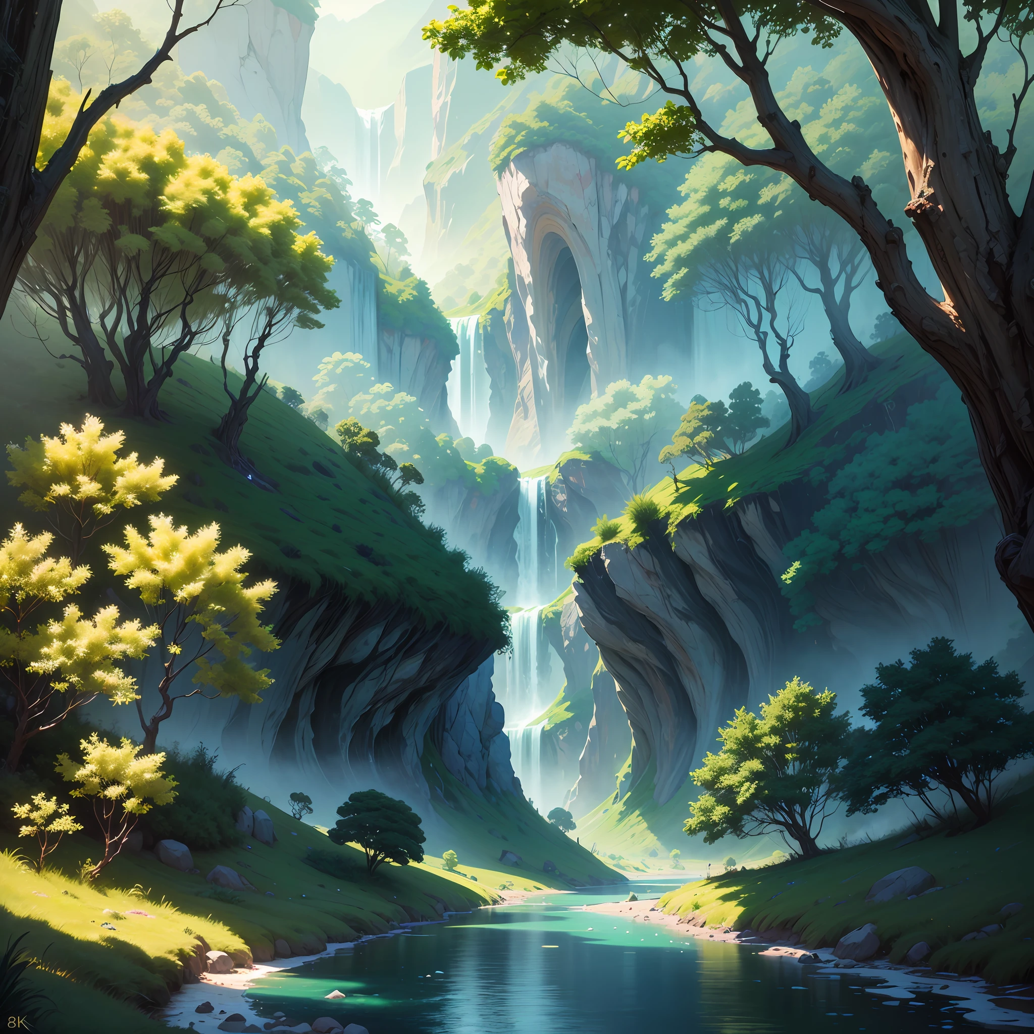 Image of a rainbow river running through a green valley, colorful waters, rainbow waters, rainbow river, magic river, valley with green trees. Rainbow, fantasy. ((8k:1.27), best quality, masterpiece, ultra highres:1.2) intricate elegant, fantasy, detailed, metric by Greg Rutkowski and Alphonse Mucha, gradient lighting --auto