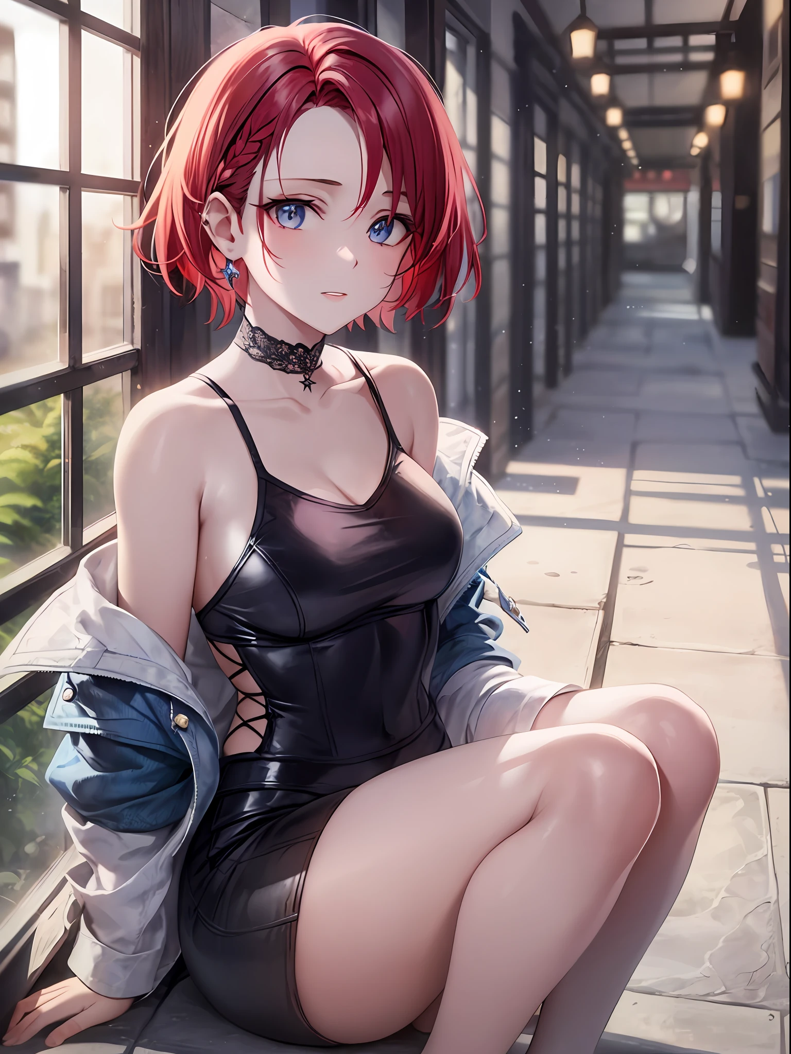 Belarus, (charmed_face), beautiful girl, loafers, forehead, short hair, (undercut:1.5), messy_hair, (Red hair:1.3), (Blue hair:1.3) (00ff70 eyes:1.3), solo, BREAK, girl, sfw,