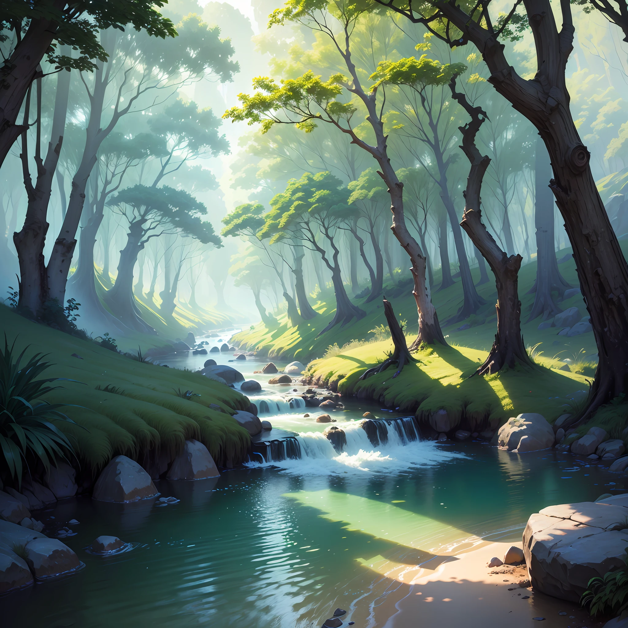 Image of a rainbow river running through a green valley, colorful waters, rainbow waters, rainbow river, magic river, valley with green trees. Rainbow, fantasy. ((8k:1.27), best quality, masterpiece, ultra highres:1.2) intricate elegant, fantasy, detailed, metric by Greg Rutkowski and Alphonse Mucha, gradient lighting --auto