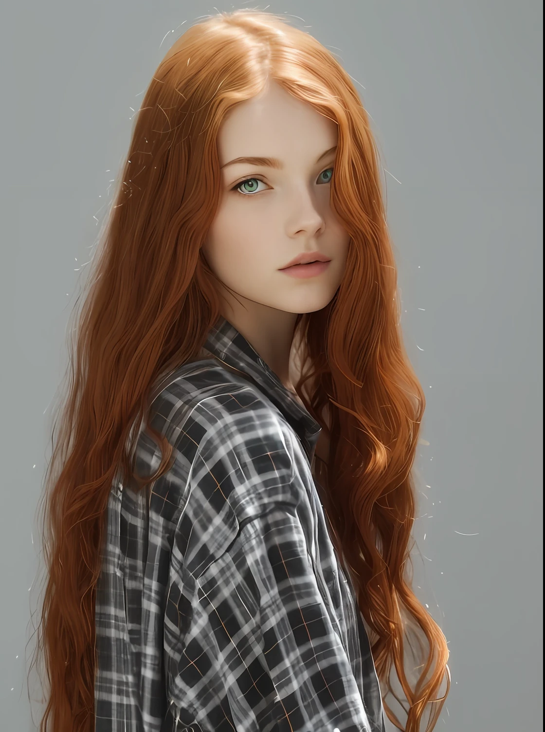 a close up of a woman with long red hair wearing a plaid shirt, long ginger hair, flowing ginger hair, with long red hair, she has long redorange hair, long glowing red hair, wild ginger hair, long red hair, red hair and attractive features, soft red hair, ginger hair, ginger wavy hair, red head, infp young woman, sadie sink