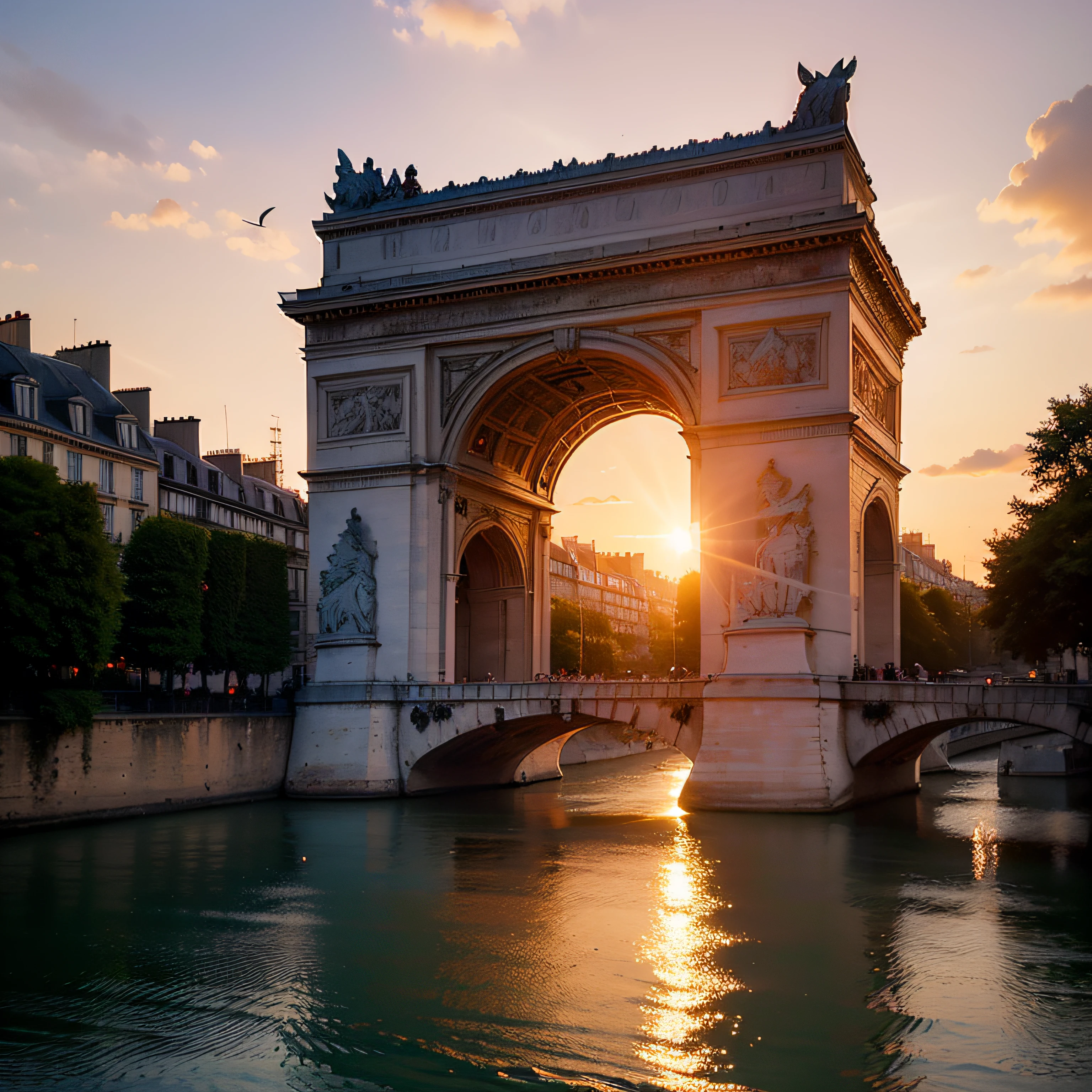 (Description: Beautiful Late Afternoon + at the Seine River in Paris, Sunset Street), (Paris style + French architecture),River, (High Quality + Best Lighting), (Beautiful Sunset) (blue / orange / red sky + birds), (Dynamic angles + continuous path), (Nostalgic + memory style + twilight), (main frame: street + building) +( empty streets, no people and no cars, just the beautiful architecture of Paris for contemplation)+(feeling of peace and tranquility).