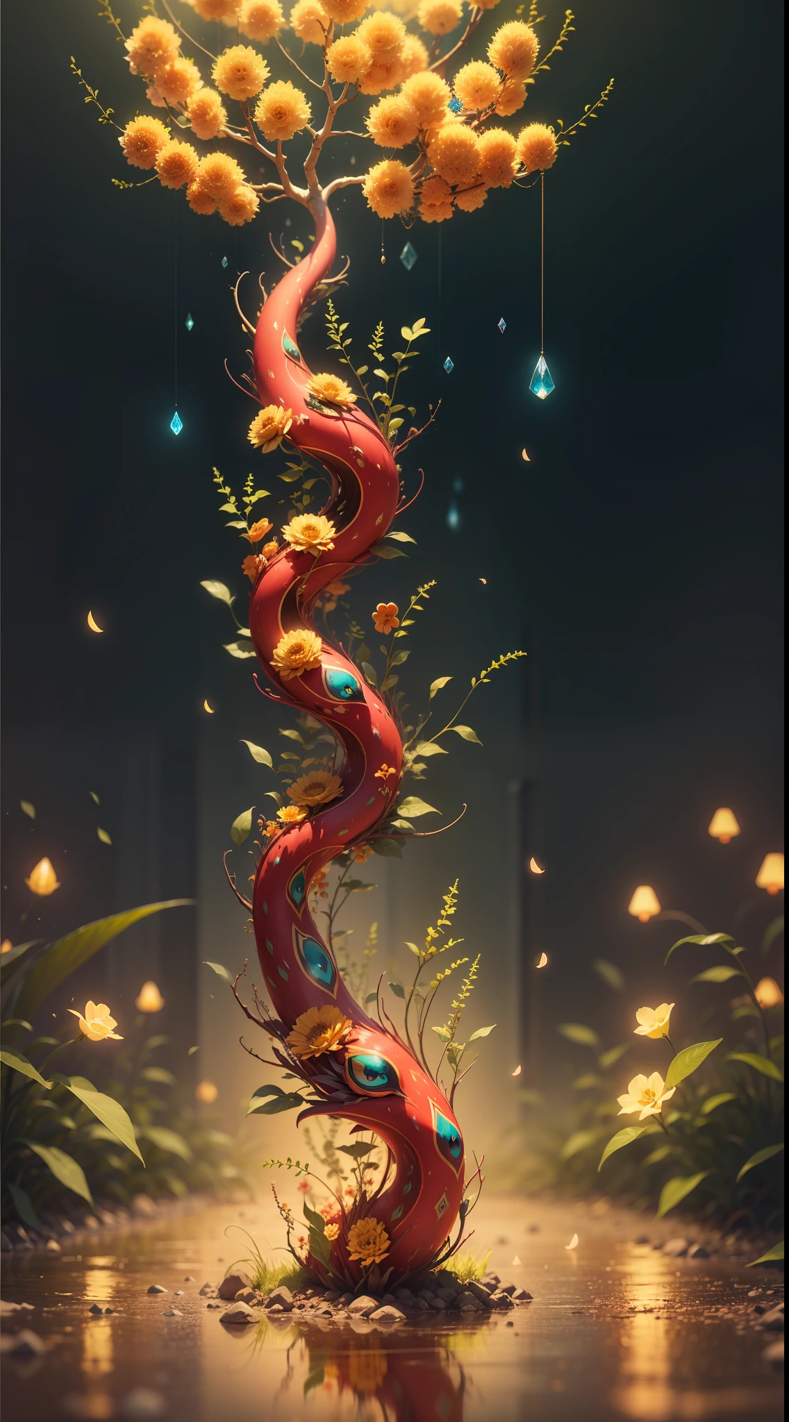 Proud and beautiful transparent luminous red peacock standing on the ethereal peace tree, long colored tail like glass, very beautiful golden flowers, they are transparent and crystal clear, open the screen to face the audience, there are many fireflies, soft light clean and transparent, light is comic, macro lens, surreal, dreamy beauty, 8K,--AR 2:3 --v6