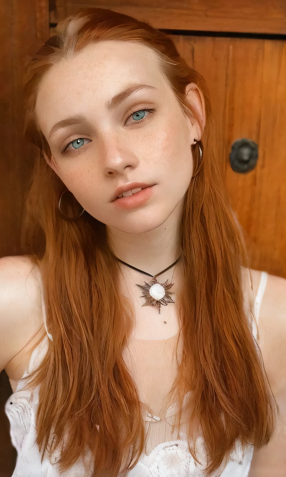 a close up of a woman with long red hair wearing a necklace, freckled pale skin, with pale skin, pale glowing skin, ginger hair with freckles, extremely pale white skin, very very pale white skin, very pale skin, very very very pale white skin, very pale white skin, pale fair skin!!, light cute freckles, very very very pale skin