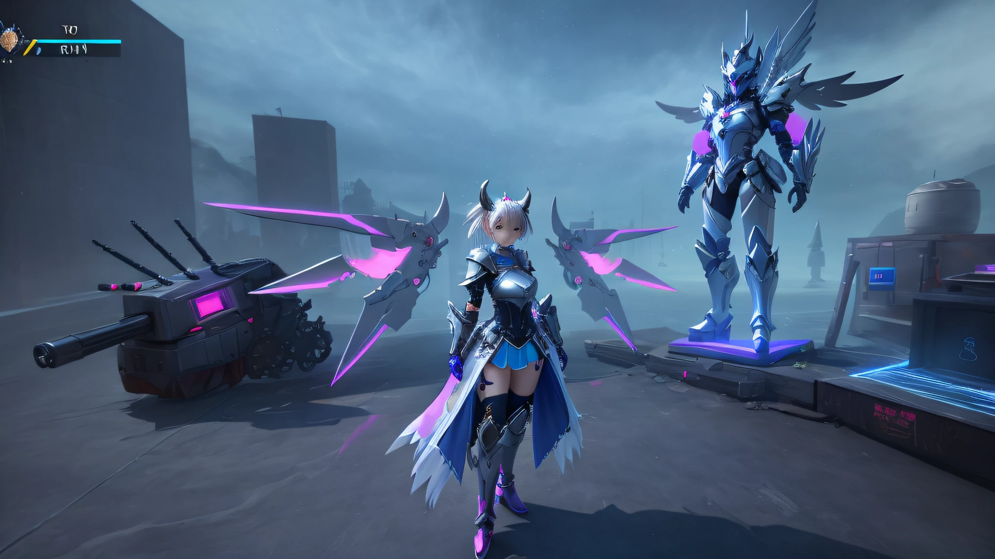 (Masterpiece) 3D It is a demon goddess standing in a room, sharp silver armor fuchsia skin from the video game Azur Lane, fuchsia skin under armor dressed in ethereal battle armor, sacred cyborg necromancer girl, mechanized Valkyrie girl, < MMORPGS scene, Ayaka Genshin Impact, PC screenshot, fuchsia skin under armor
