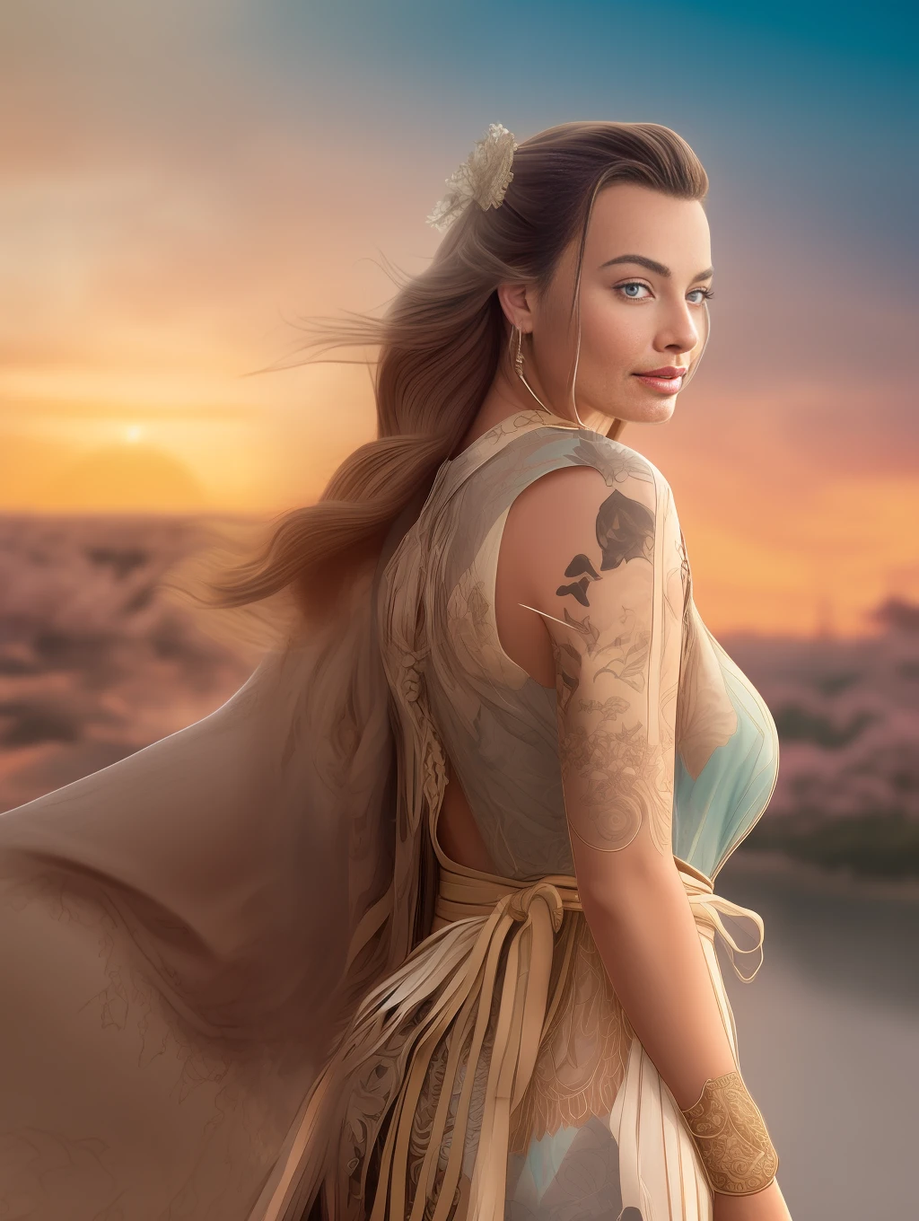 (((high detail))), best quality, Margot robbie,full frame, samurai armour,blonde long flowing hair blowing in the wind, hair ornament, japanese castle background, sunset