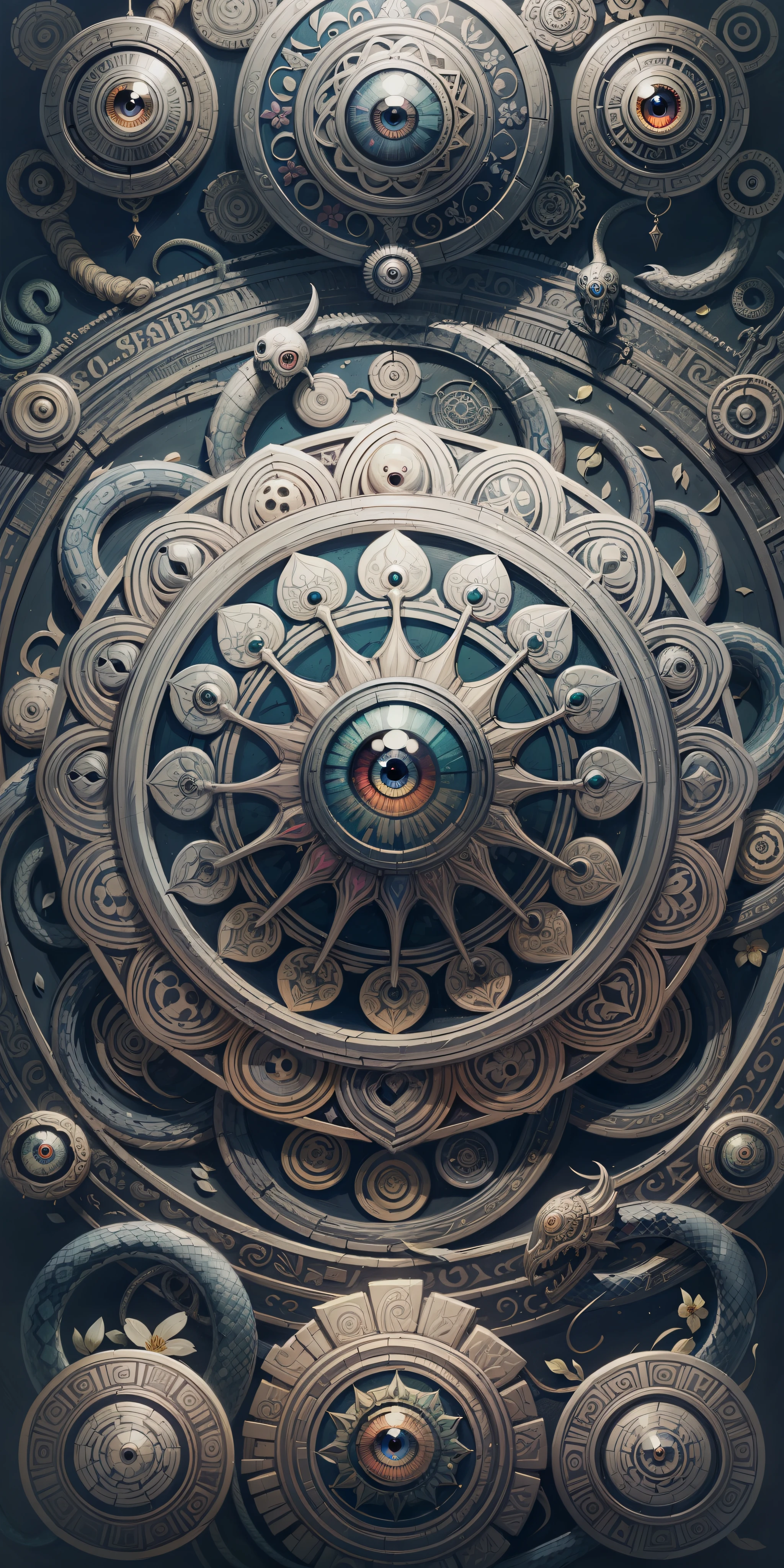 mandala with flowers, snakes, sculls and an eye at the center coloring book high resolution high detail aspect ratio 3:2 --auto --s2