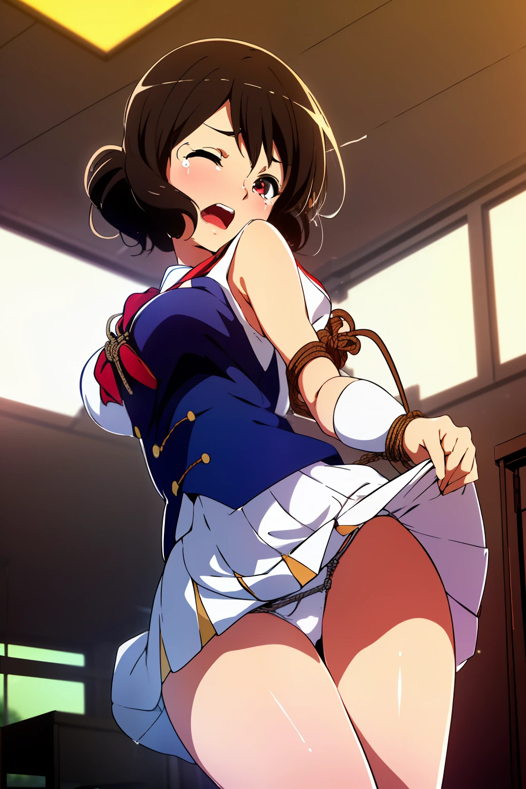 (full body shot),(upskirt, from very below,ceiling:1.5),(day:1.7), classroom,
(cute-sunfes-uniform-costume:1.9),kumiko oumae,brown_hair,brown_eyes, (rope shibari over the clothes:1.8),(arms behind head:1.5),(standing,lift one leg,show sexy-white-panty from micro_miniskirt:1.6),white_crotchless_panties, cameltoe, erotic,
1 girl, 18yo,Young female,Beautiful Finger,Beautiful long legs,Beautiful body,Beautiful Nose,Beautiful character design, perfect eyes, perfect face,
(frown,open mouth,screaming,disgust,crying,tearly,tearly closed eyes tightly,anger,sad,nose-blushing,:1.2),looking at viewer,
NSFW,official art,extremely detailed CG unity 8k wallpaper, perfect lighting,Colorful, Bright_Front_face_Lighting,
(masterpiece:1.0),(best_quality:1.0), ultra high res,4K,ultra-detailed,
photography, 8K, HDR, highres, absurdres:1.2, Kodak portra 400, film grain, blurry background, bokeh:1.2, lens flare, (vibrant_color:1.2)
(Beautiful-medium-Breasts,pointy tits:1.3), (beautiful_face:1.5),(narrow_waist),