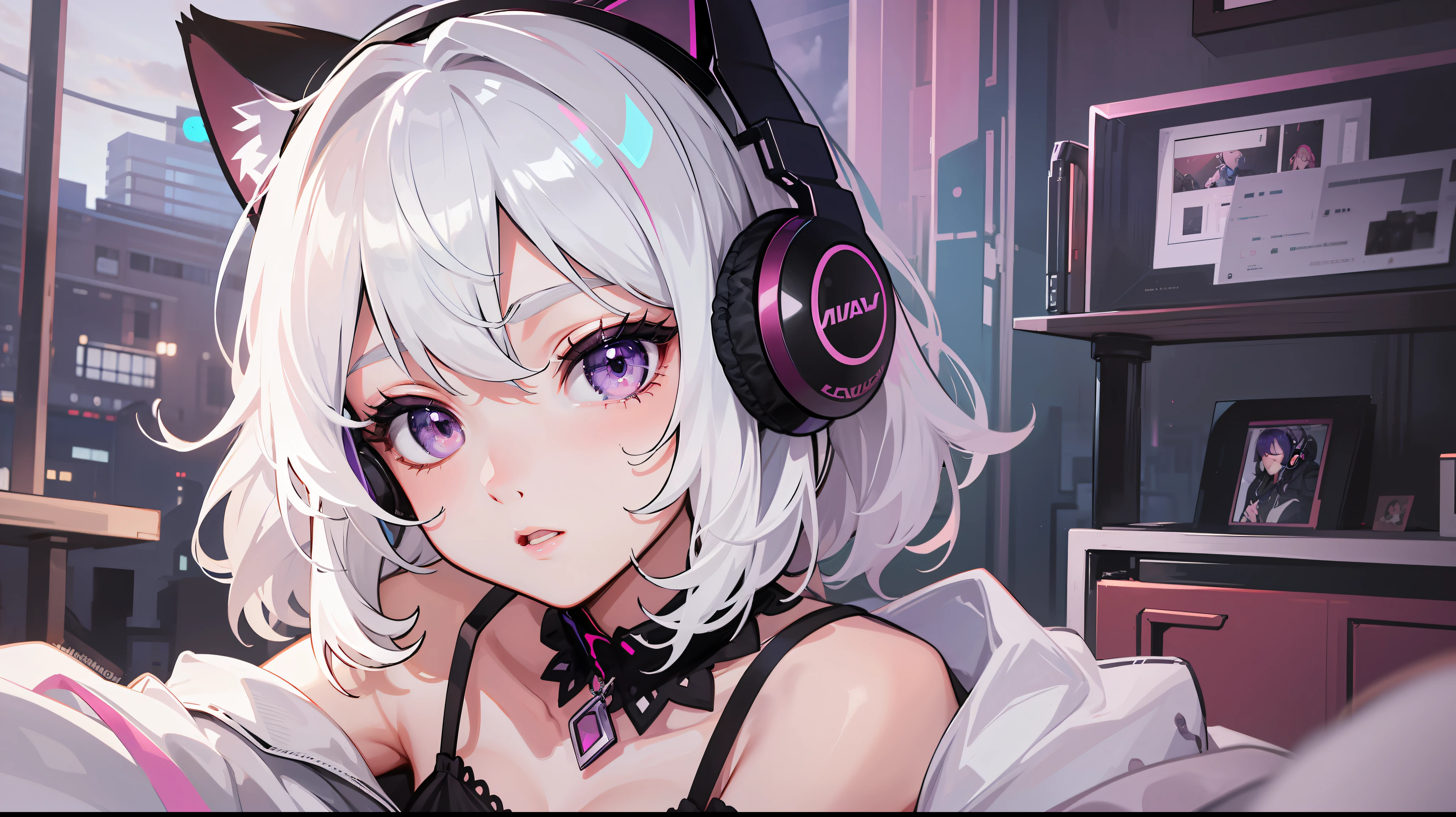 Woman with peace sense headset, closed eyes, beautiful face, RGB colors, bright purple hair, anime, bright background, banner for youtube video, happy girl, clouds with RGB colors, bright RGB colors, full.
