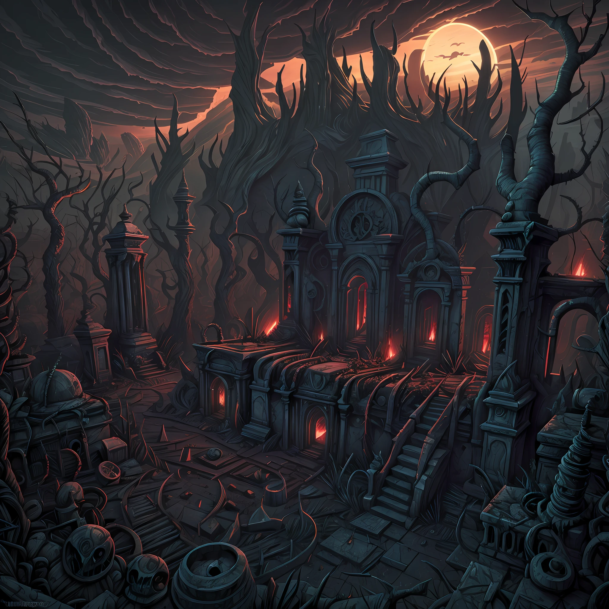 Vast angle, view from the top, creepy landscape of biomechanic cemetery. Dark horror, creepy vibration, biomechanic tombs; ruined sculptures, Madness and frenzy; spikes and thorns. Color drawing, unreal engine, UHD.