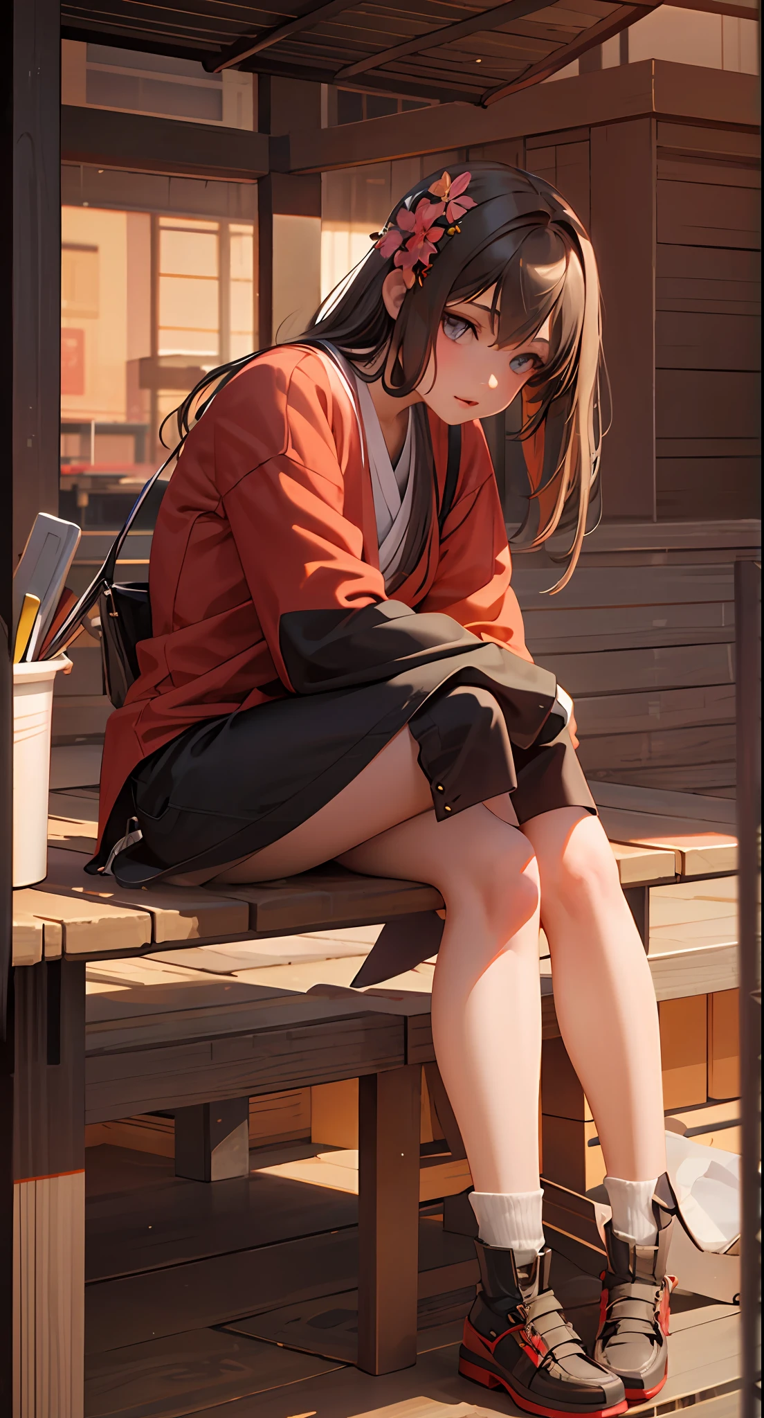 Anime girl sitting on bench with fan, popular on CGSTATION, realistic anime 3 D style, Guvez style artwork, smooth anime CG art, anime girl squat, 3D anime realistic, beautiful anime girl squat, character is her natural pose, palace, girl in hanfu