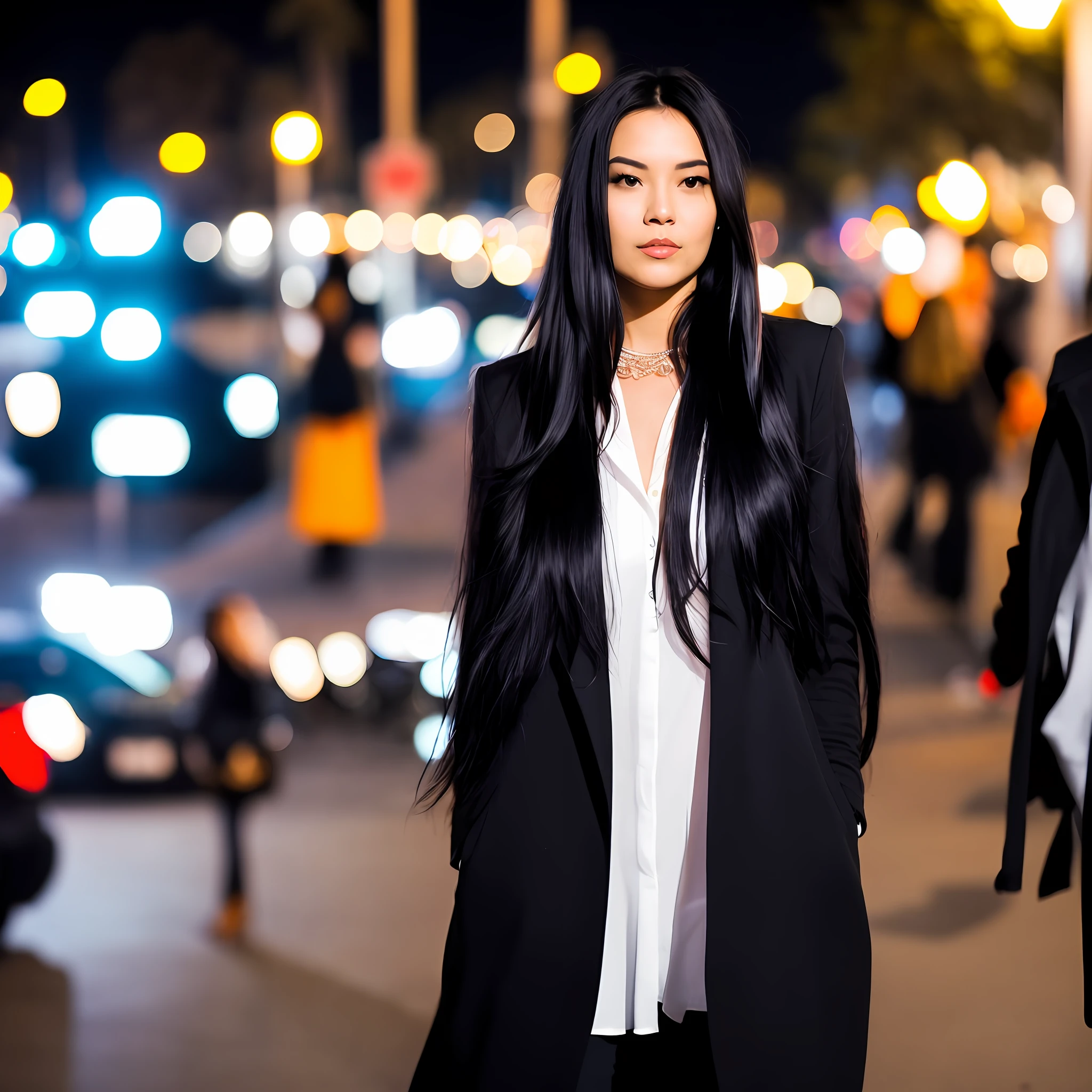 Cool woman with long black hair walking in the city at night