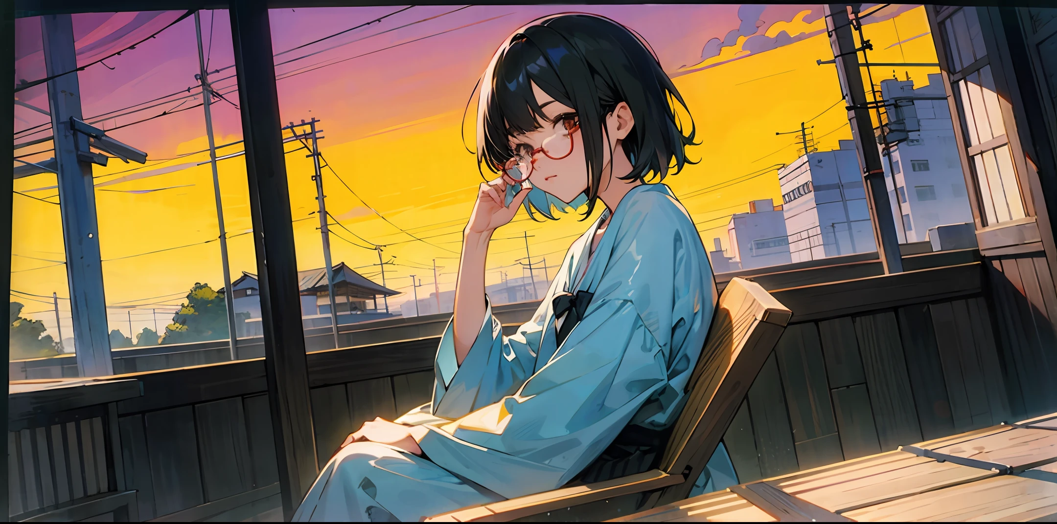 there is a woman sitting in a chair with glasses on, a picture inspired by Ayami Kojima, tumblr, shin hanga, with glasses, [32k hd]^10, with short hair, 4 k ], 4k], 奈良美智, with glasses on, (sfw) safe for work