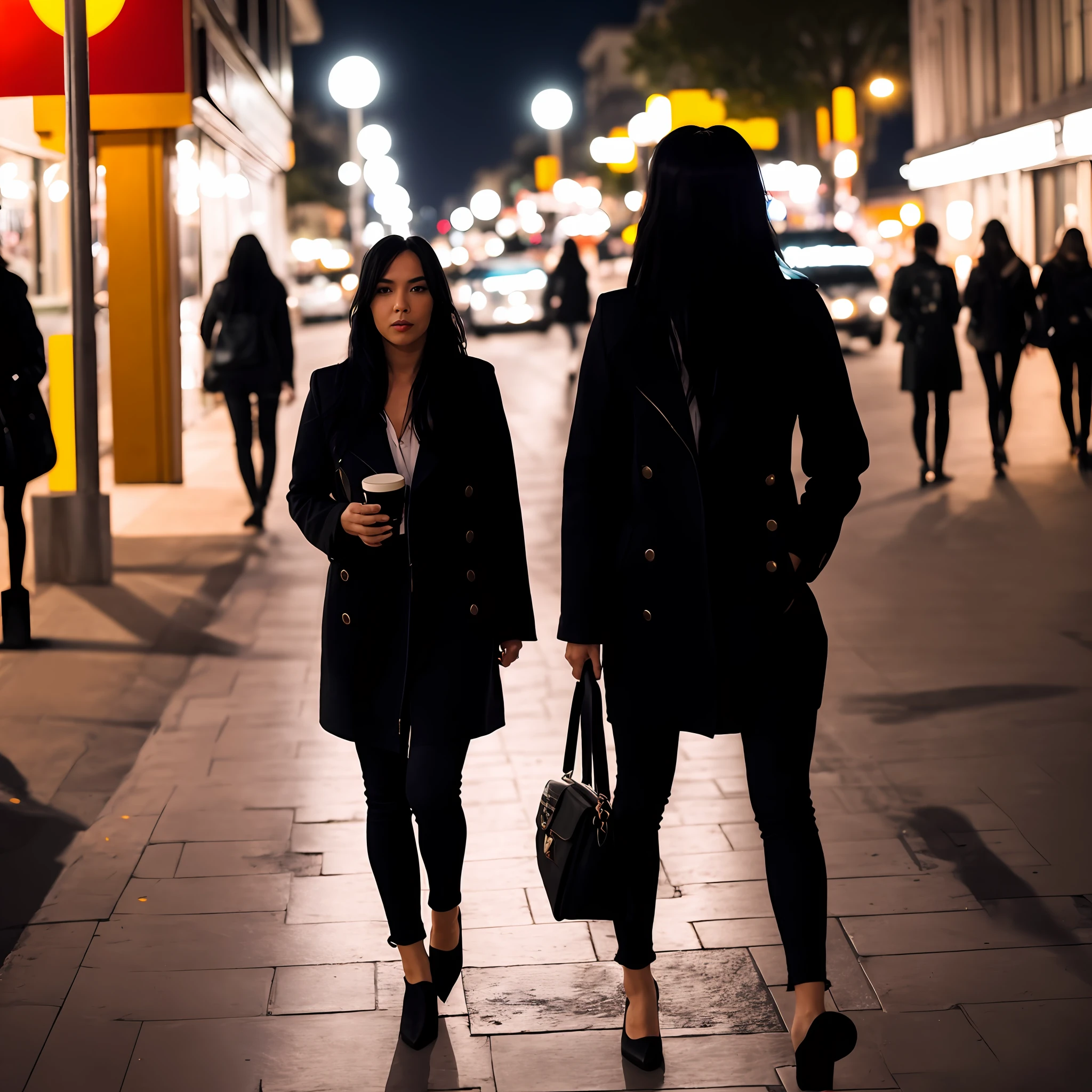 Cool woman with long black hair walking in the city at night