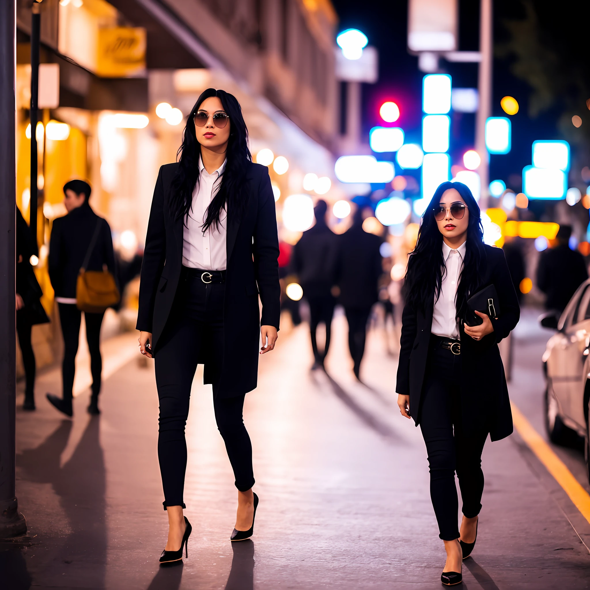 Cool woman with long black hair walking in the city at night