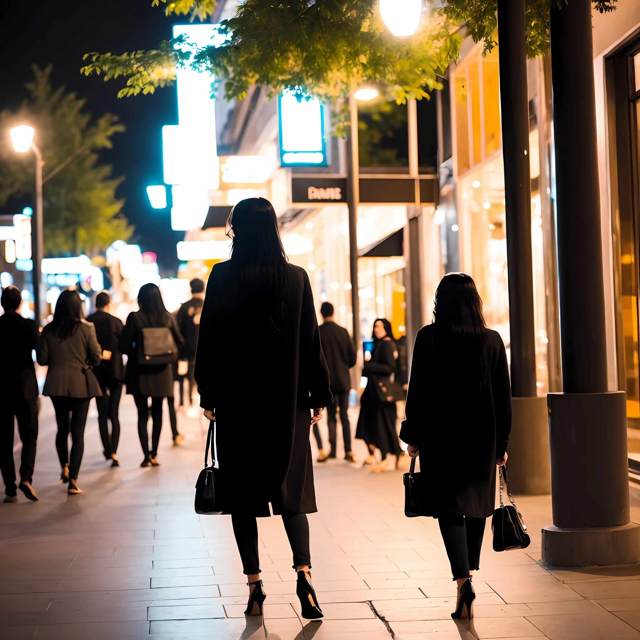 Cool woman with long black hair walking in the city at night